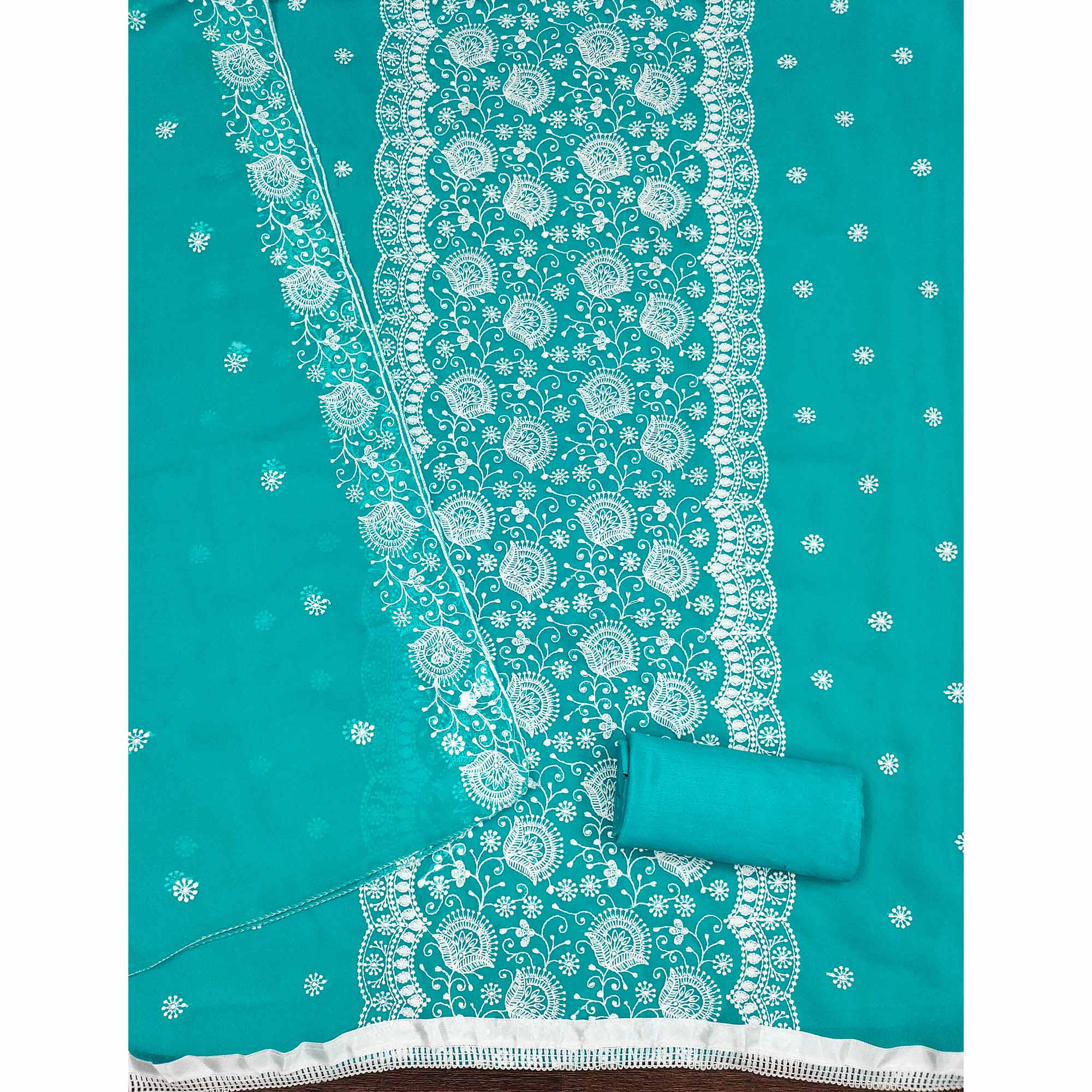 Turquoise Floral Embroidered Georgette Dress Material