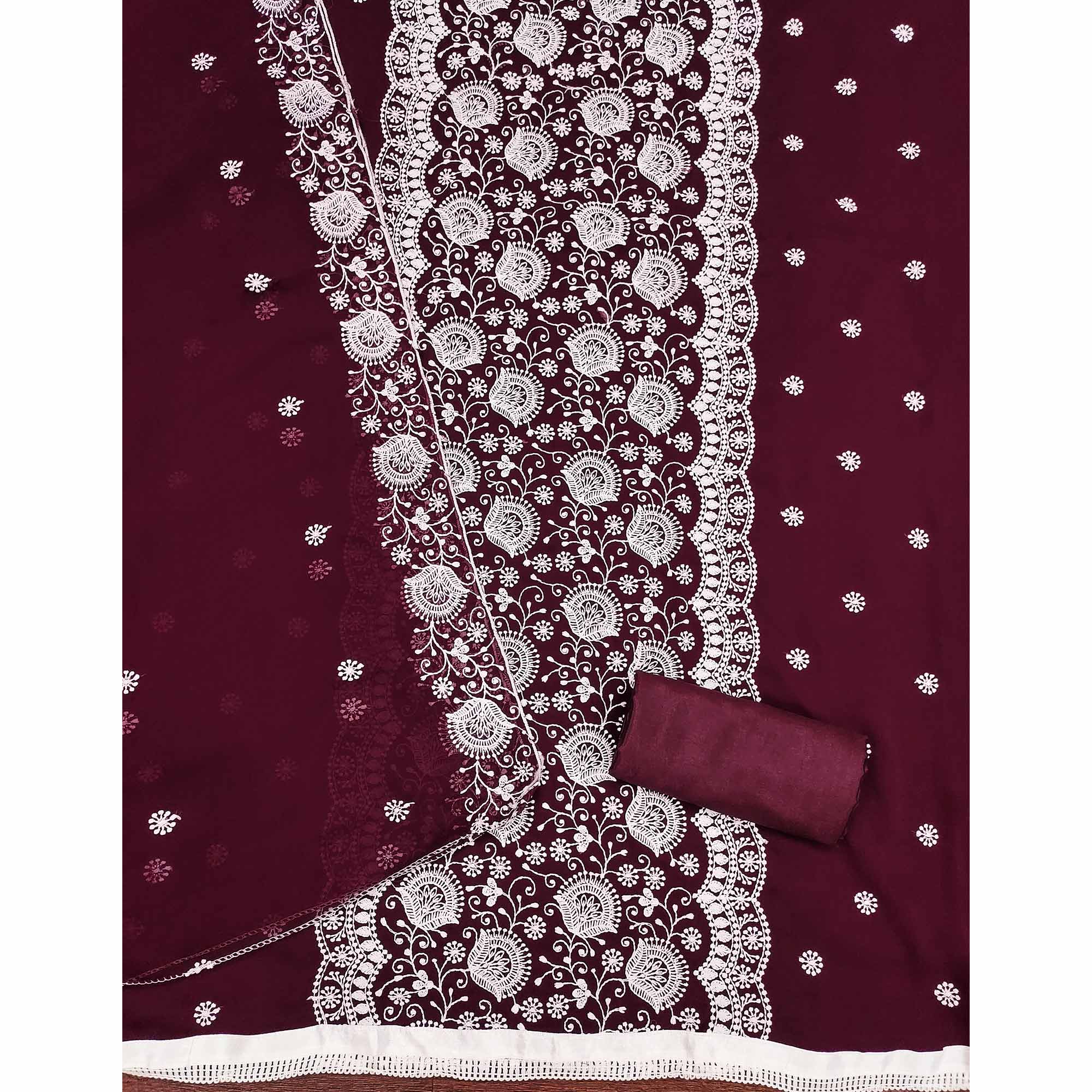 Wine Floral Embroidered Georgette Dress Material