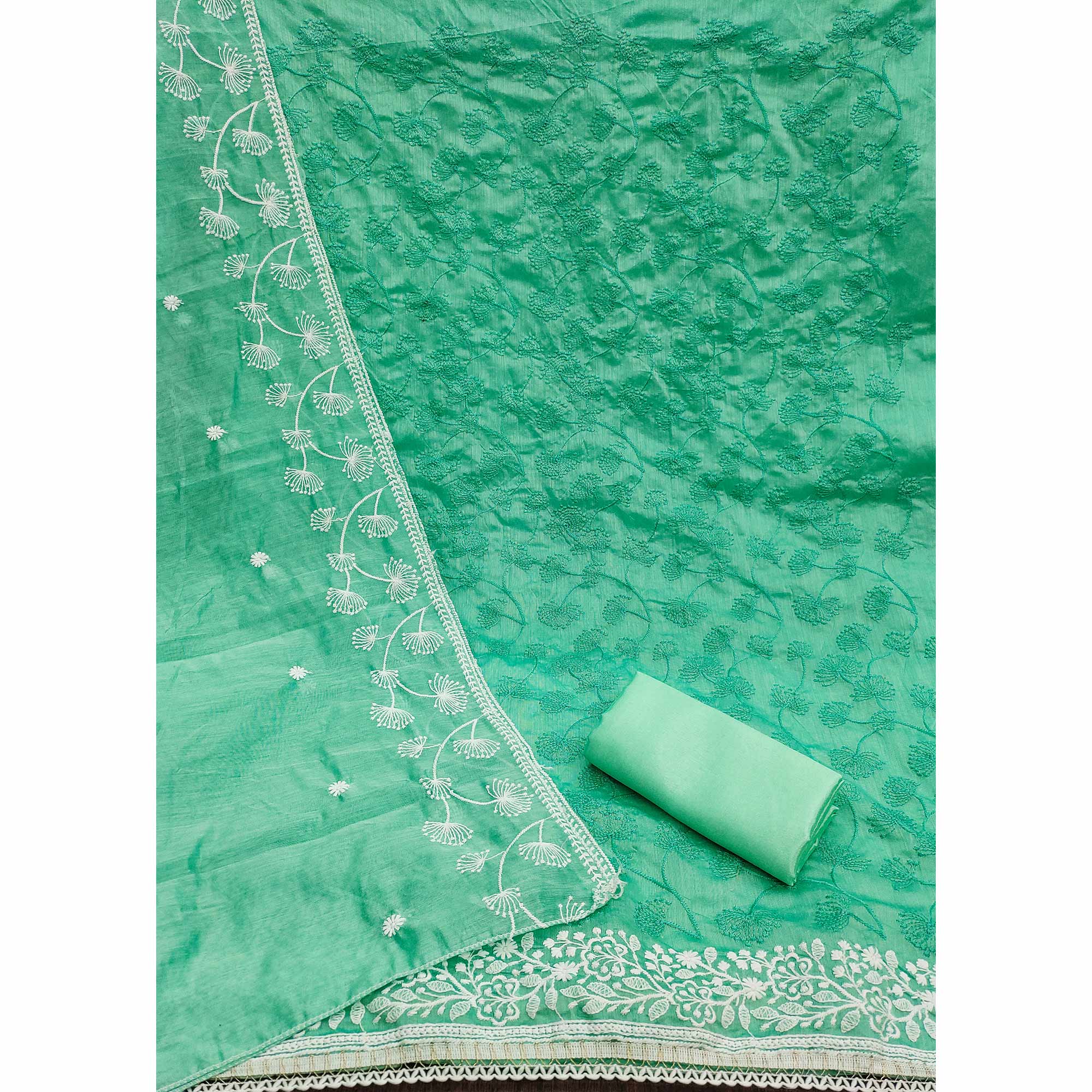 Sea Green Floral Embroidered Chanderi Dress Material