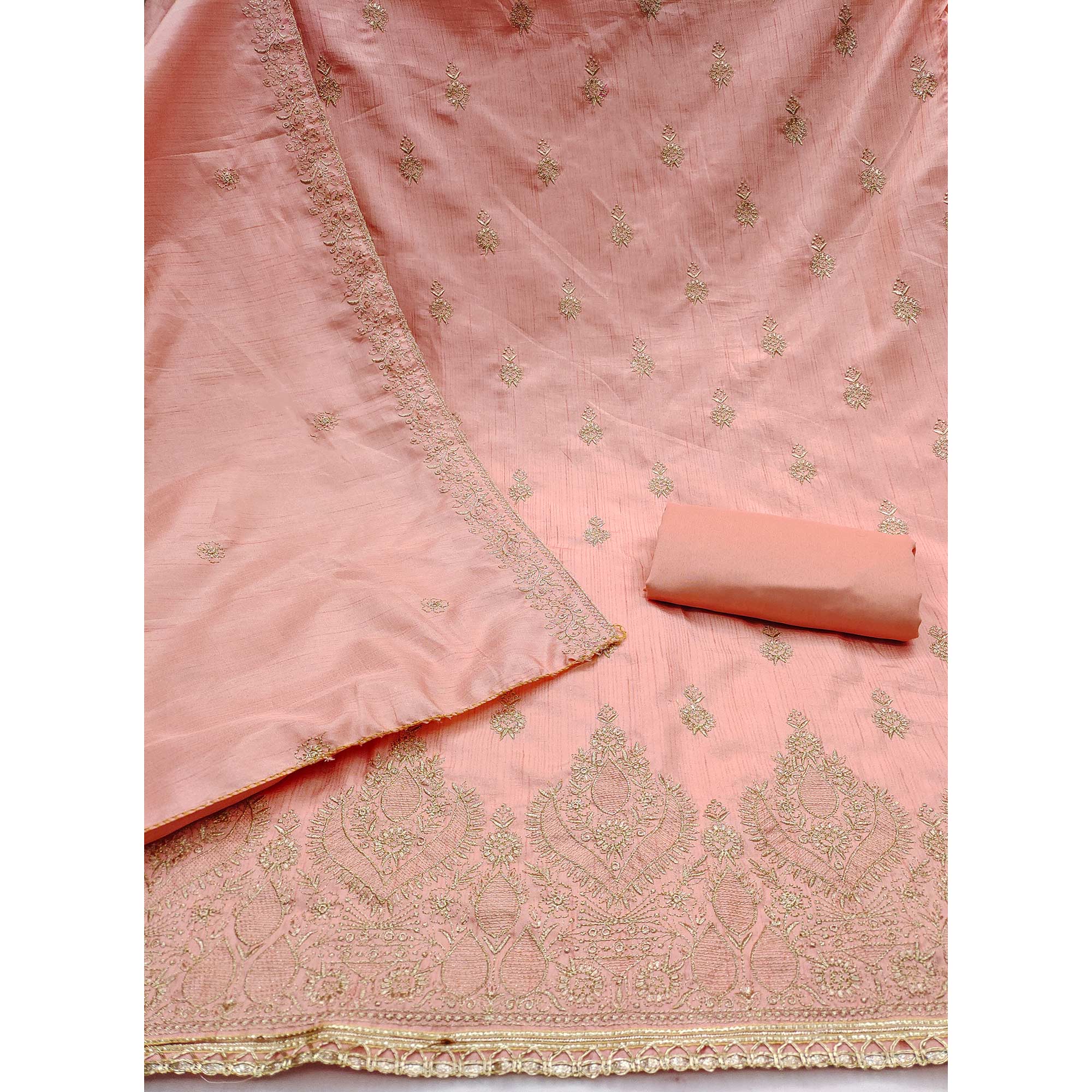 Peach Floral Embroidered Cotton Blend Dress Material