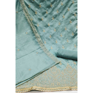 Turquoise Floral Embroidered Cotton Blend Dress Material