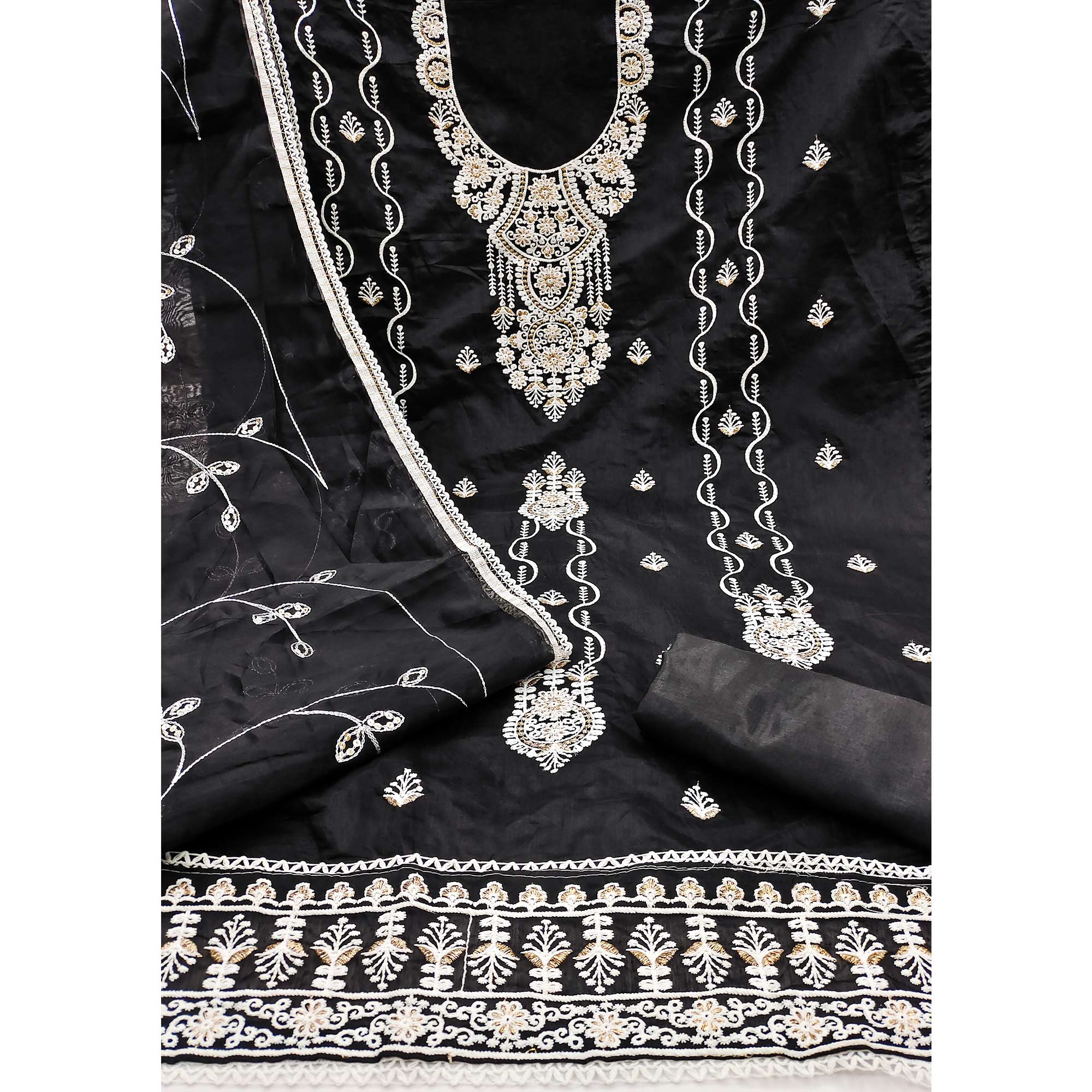 Black Floral Embroidered Chanderi Dress Material