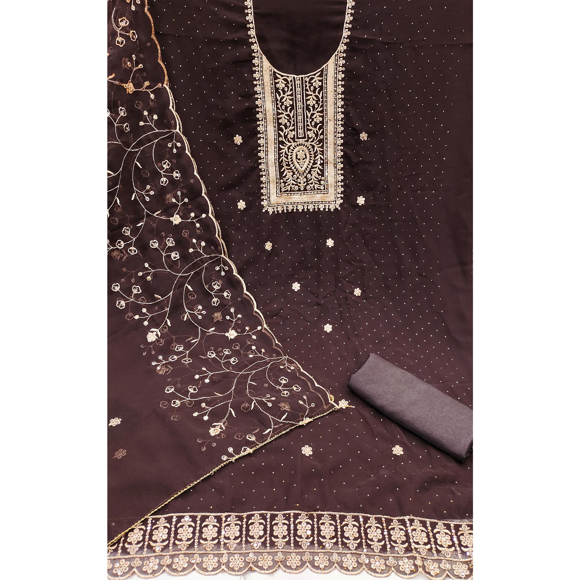 Brown Floral Embroidery With Stonework Georgette Dress Material