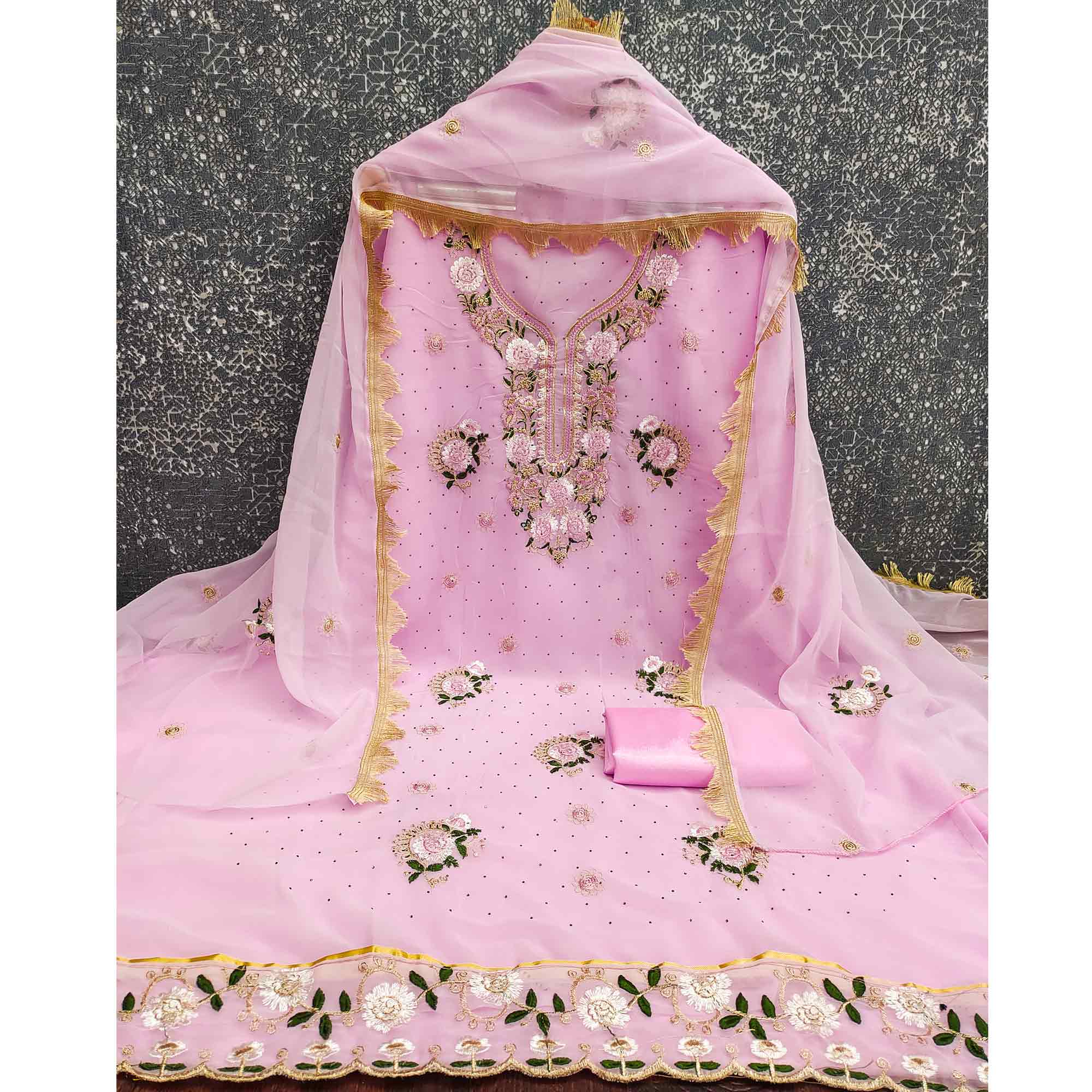 Pink Georgette Dress Material With Exquisite Floral Embroidery & Shimmering Stonework
