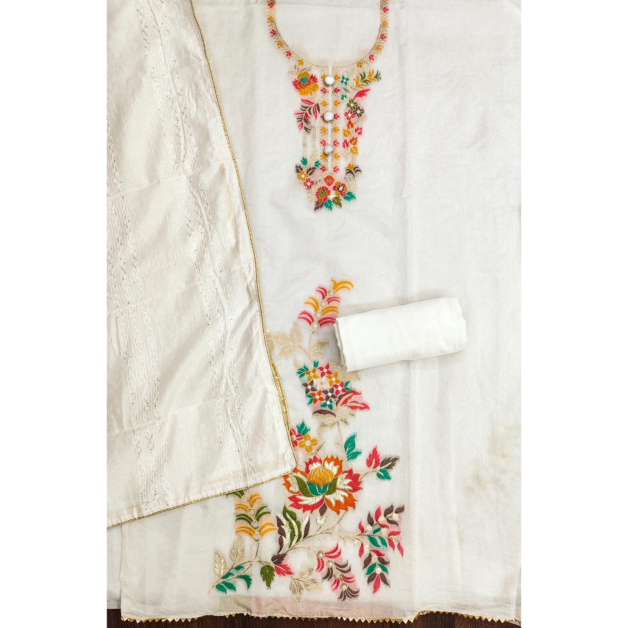 White Banarasi Silk Dress Material With Classic Zari Design