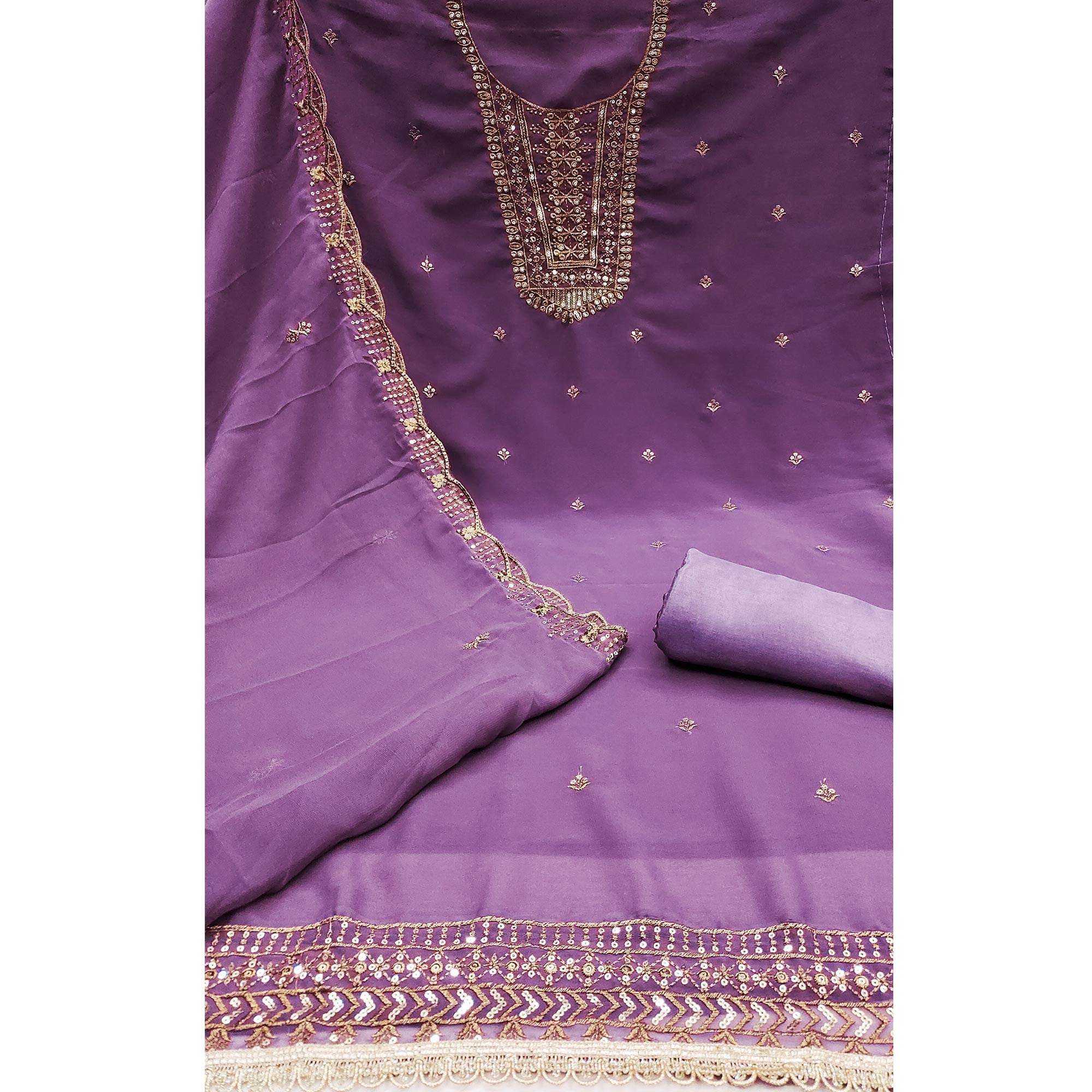 Lilac Purple Georgette Dress Material Featuring Floral Sequins Embroidery