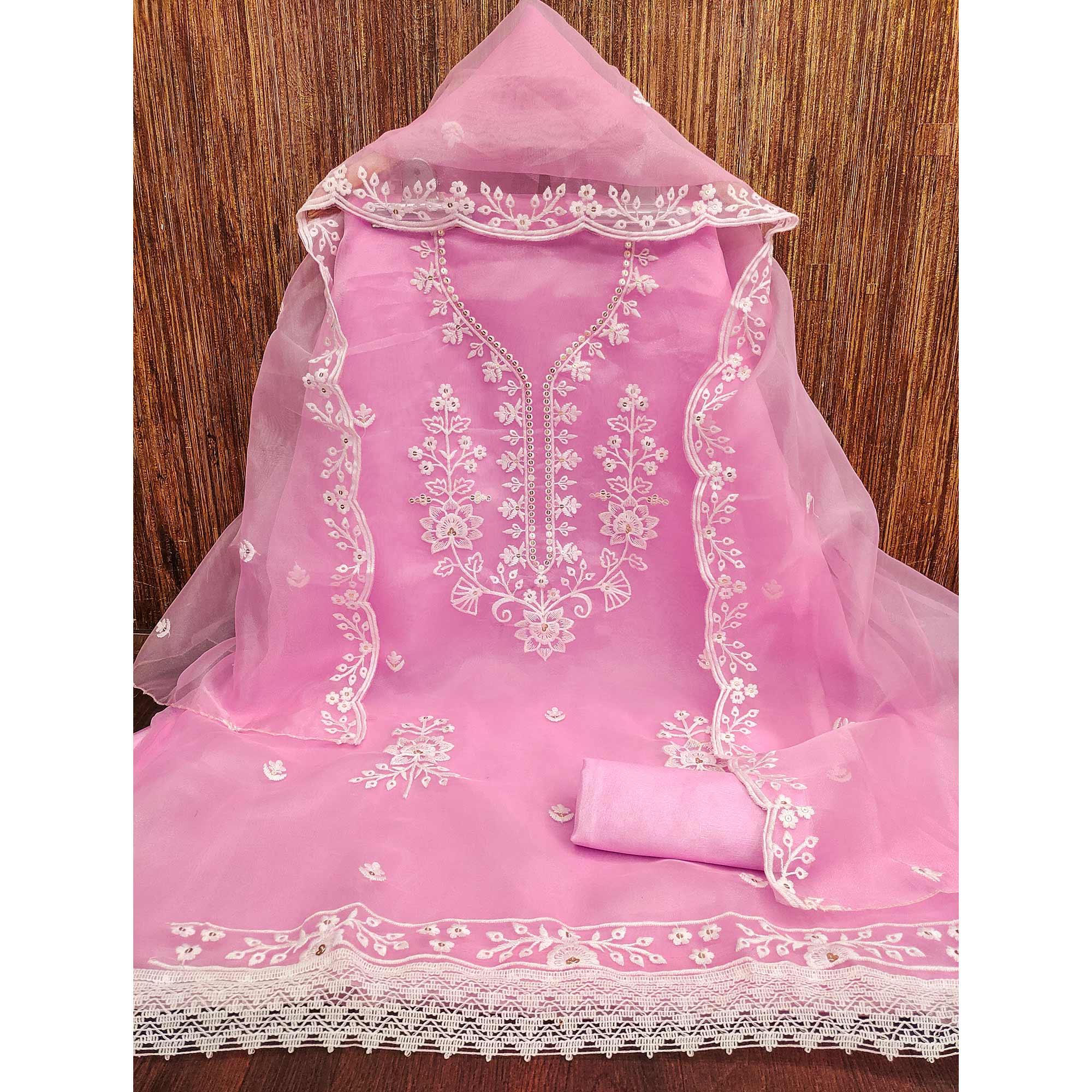 Baby Pink Floral Embroidered Work Dress Material With Shimmering Sequin Detailing