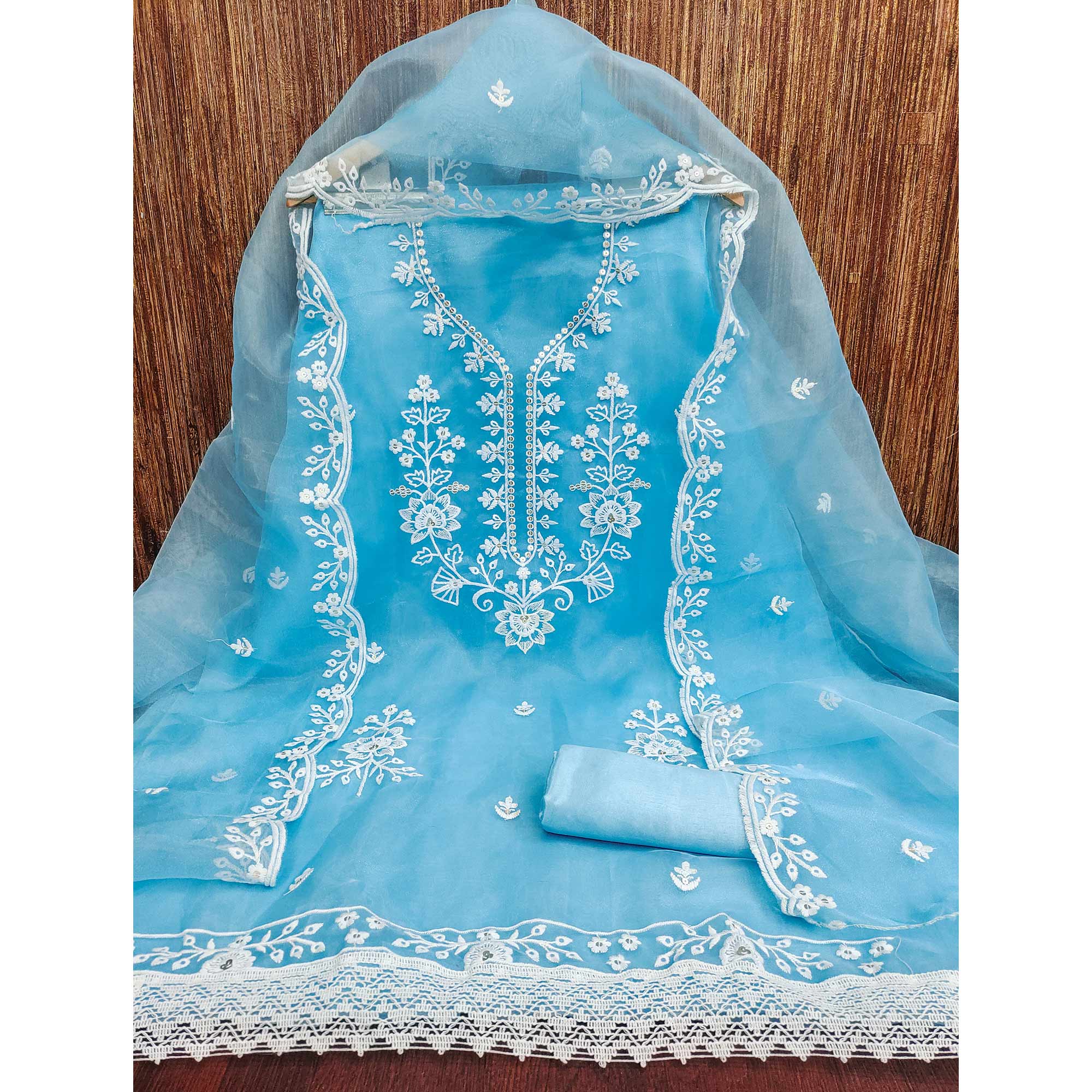 Blue Floral Embroidered Work Dress Material With Shimmering Sequin Detailing