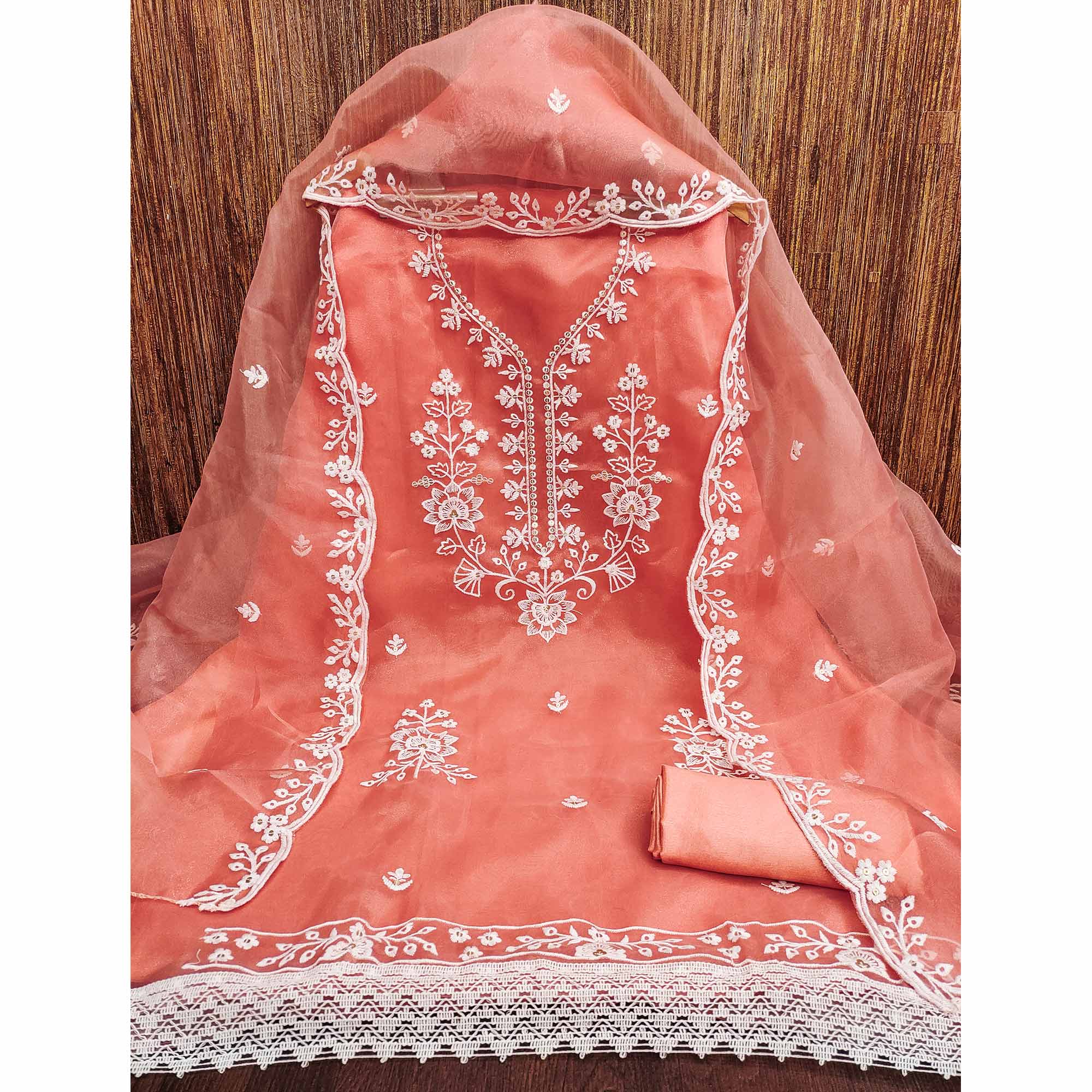 Peach Floral Embroidered Work Dress Material With Shimmering Sequin Detailing