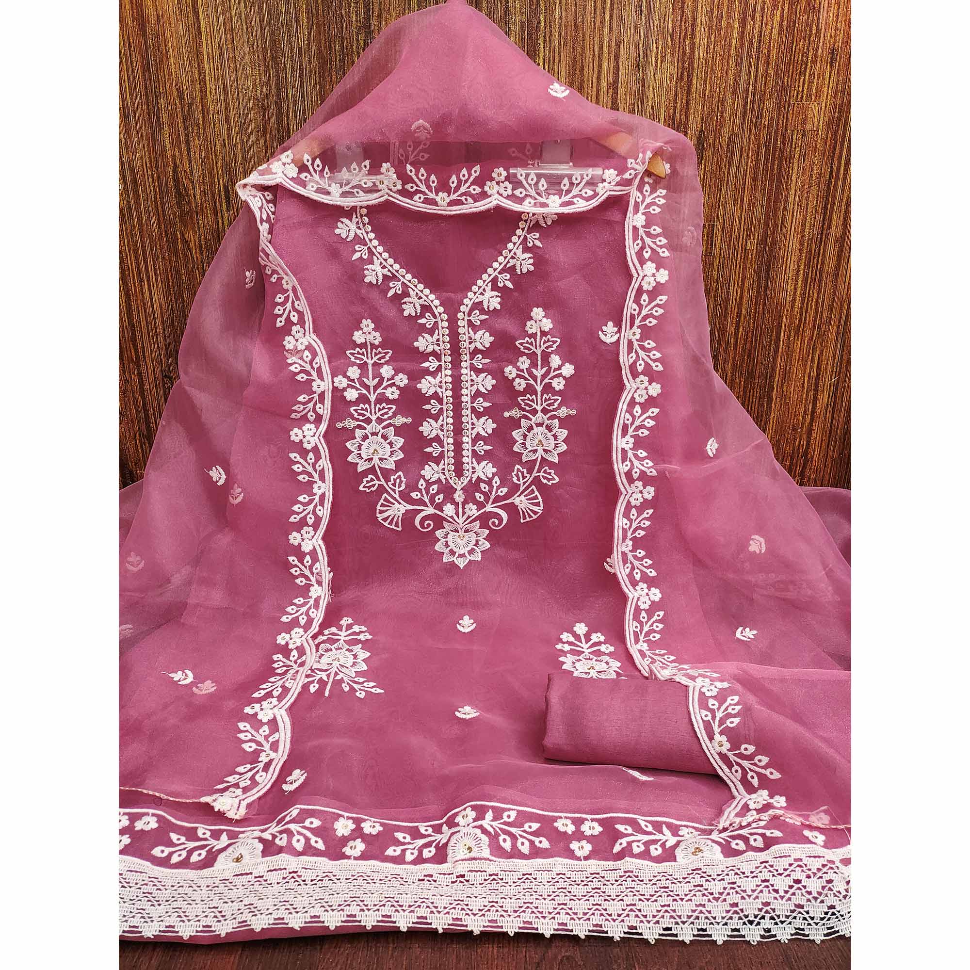 Pink Floral Embroidered Work Dress Material With Shimmering Sequin Detailing