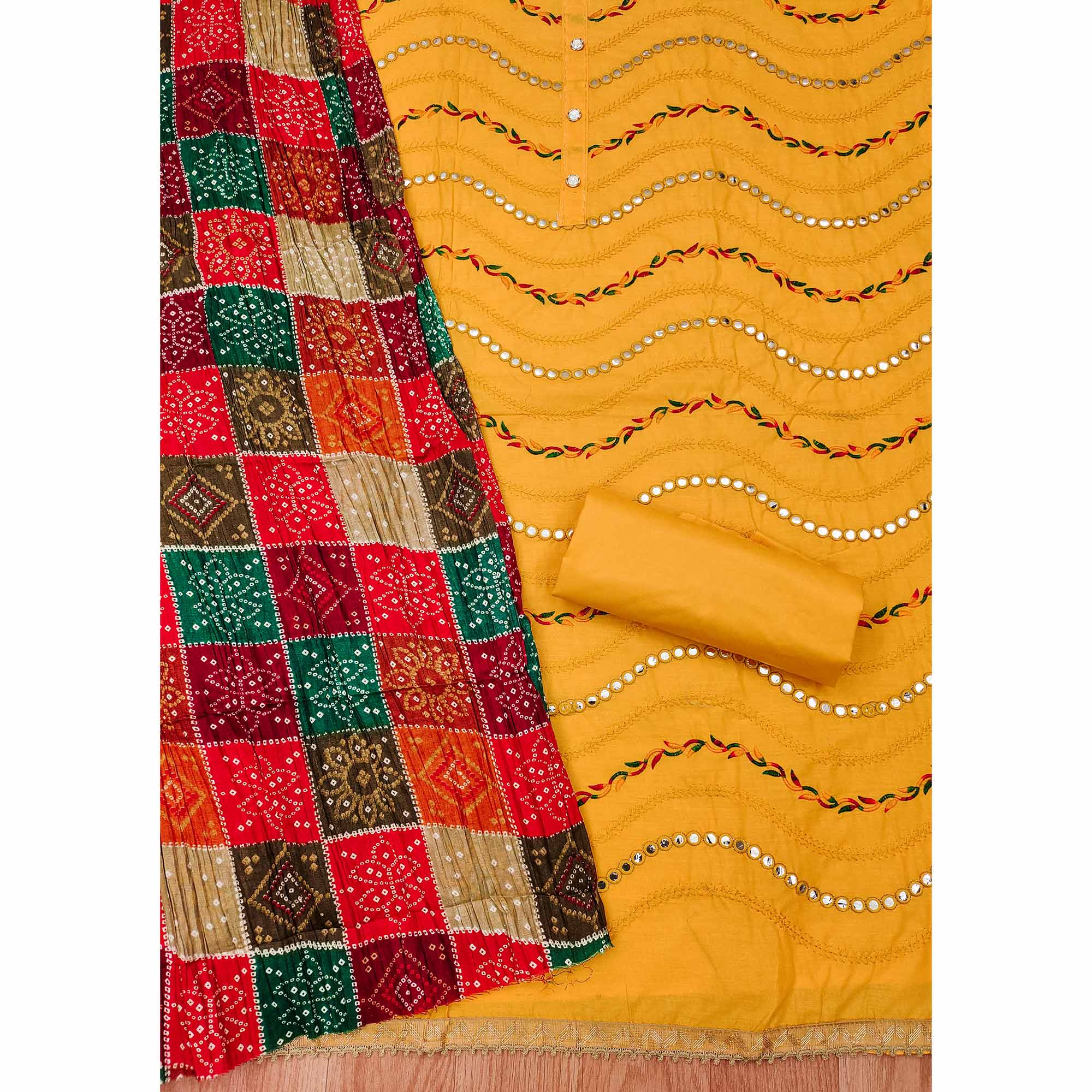 Yellow Cotton Blend Dress Material With Intricate Thread Embroidery & Paper Mirror Work