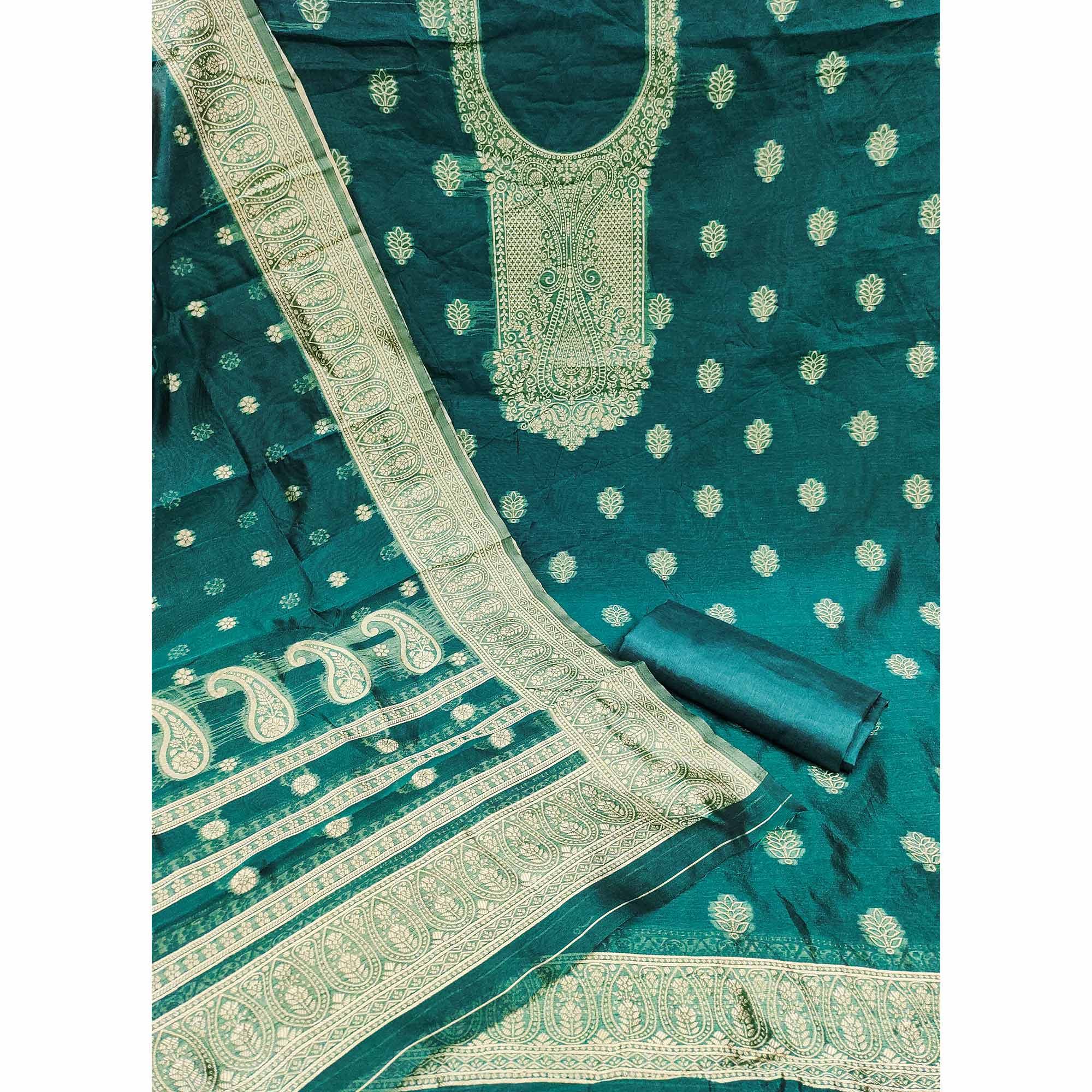Teal Zari Floral Jacquard Weaving on Shimmer Silk Dress Material