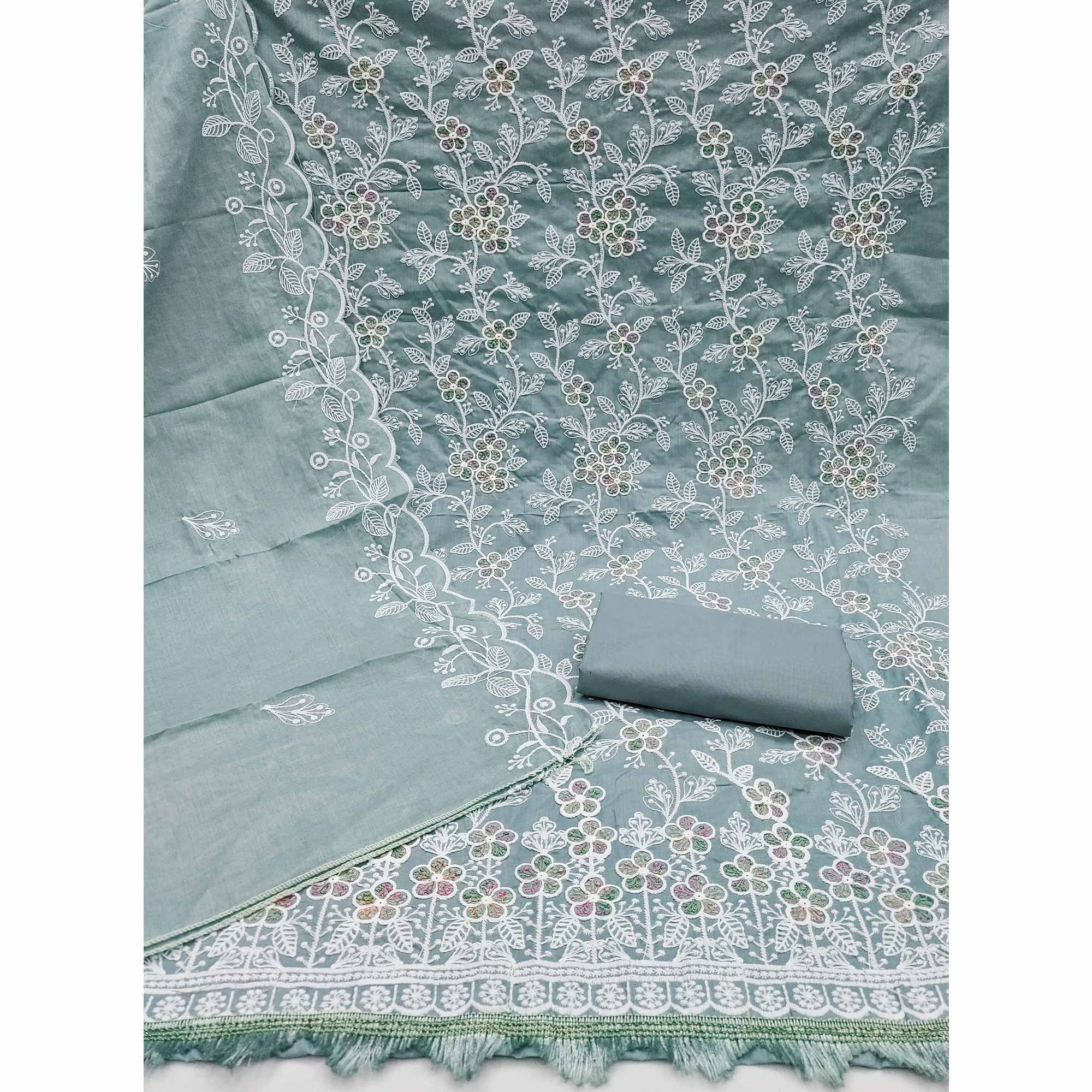 Grey Cotton Blend Dress Material With Delicate Floral Thread Embroidery