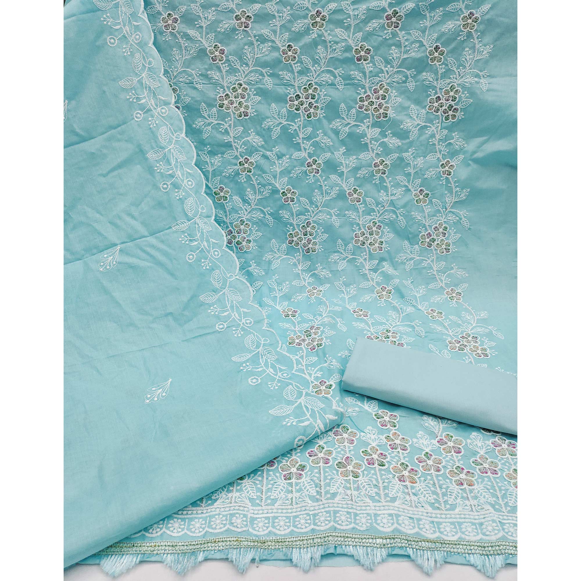 Sky Blue Cotton Blend Dress Material With Delicate Floral Thread Embroidery