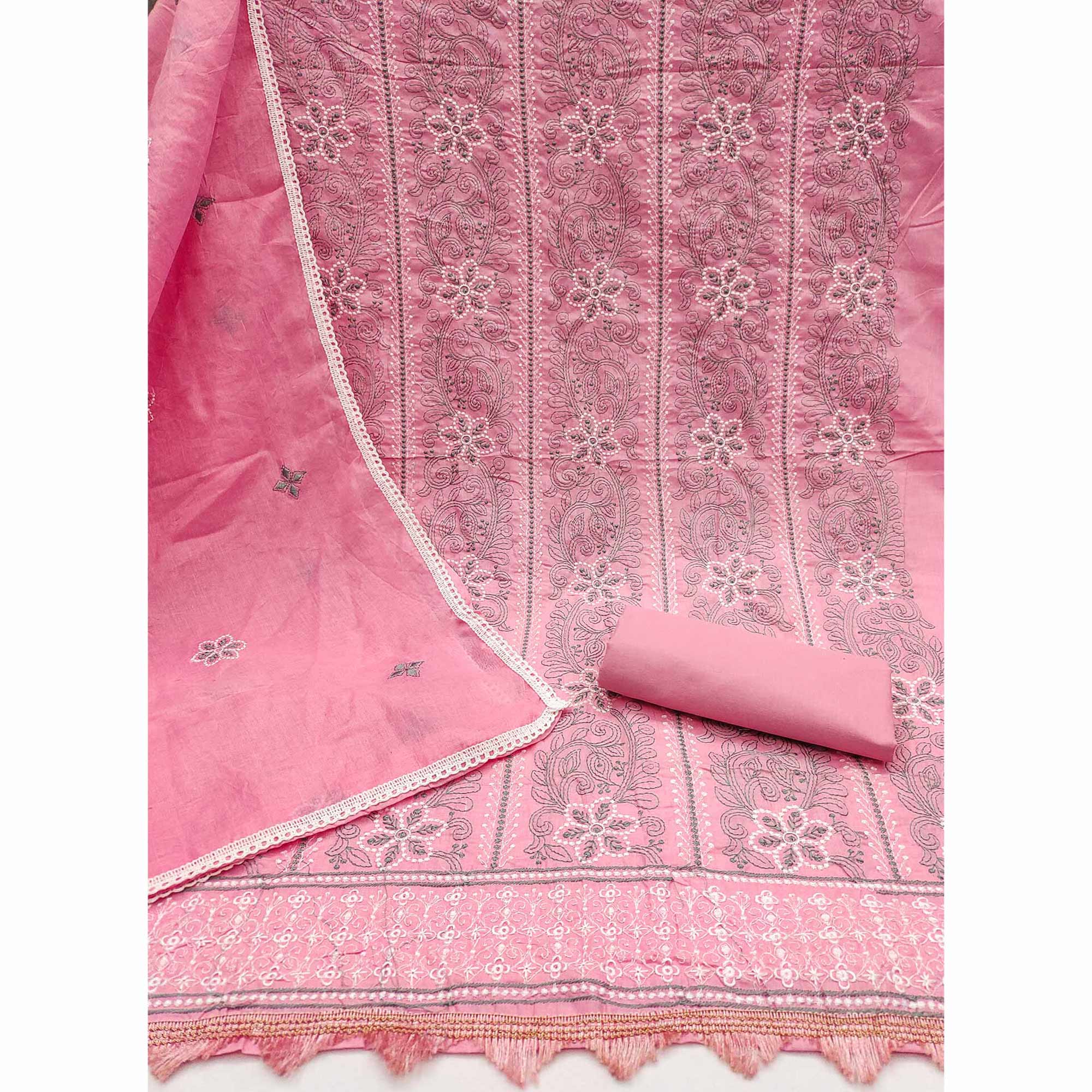 Pink Cotton Blend Dress Material With Intricate Floral Thread Embroidery Work
