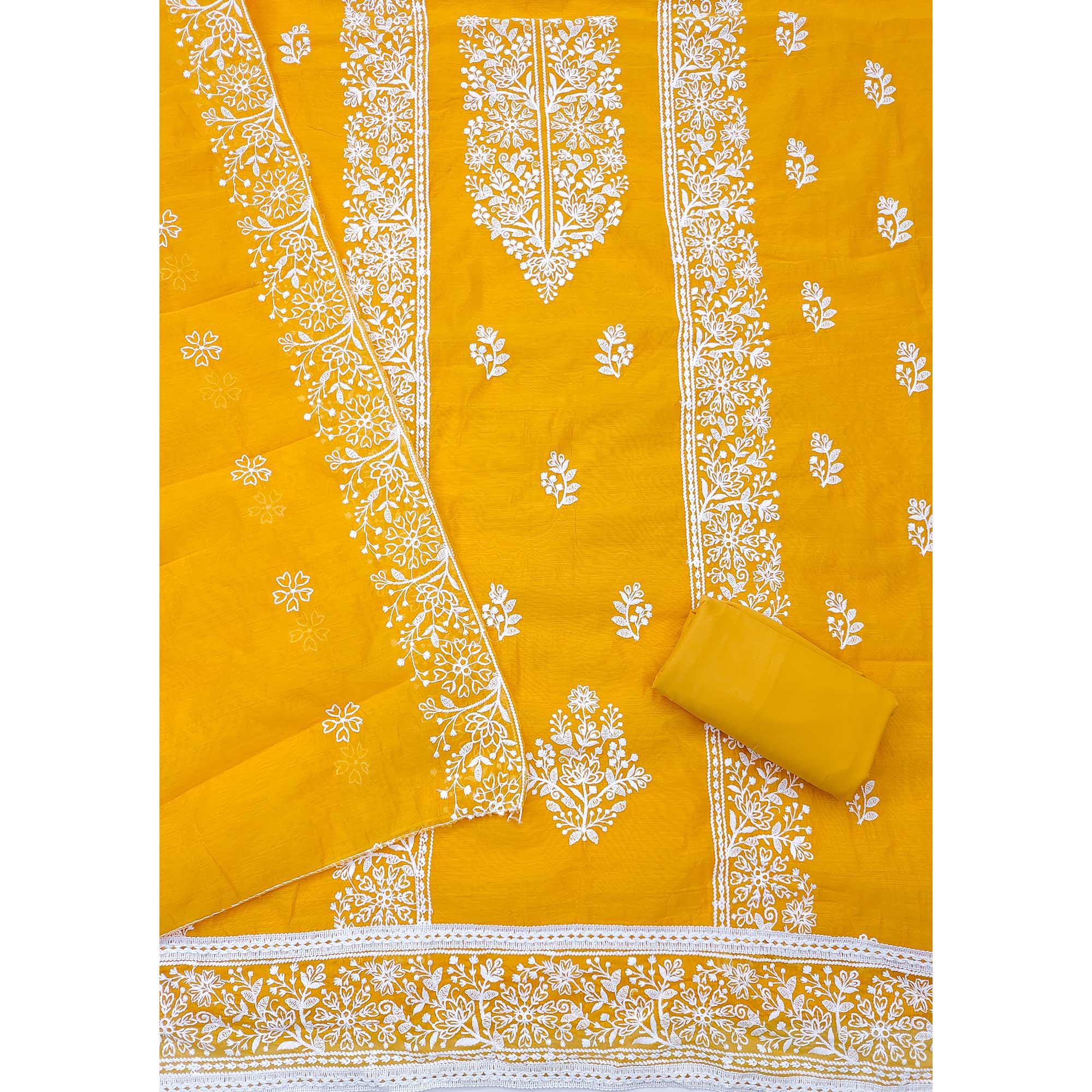 Mustard Floral Embroidered Chanderi Silk Dress Material For Graceful Styling
