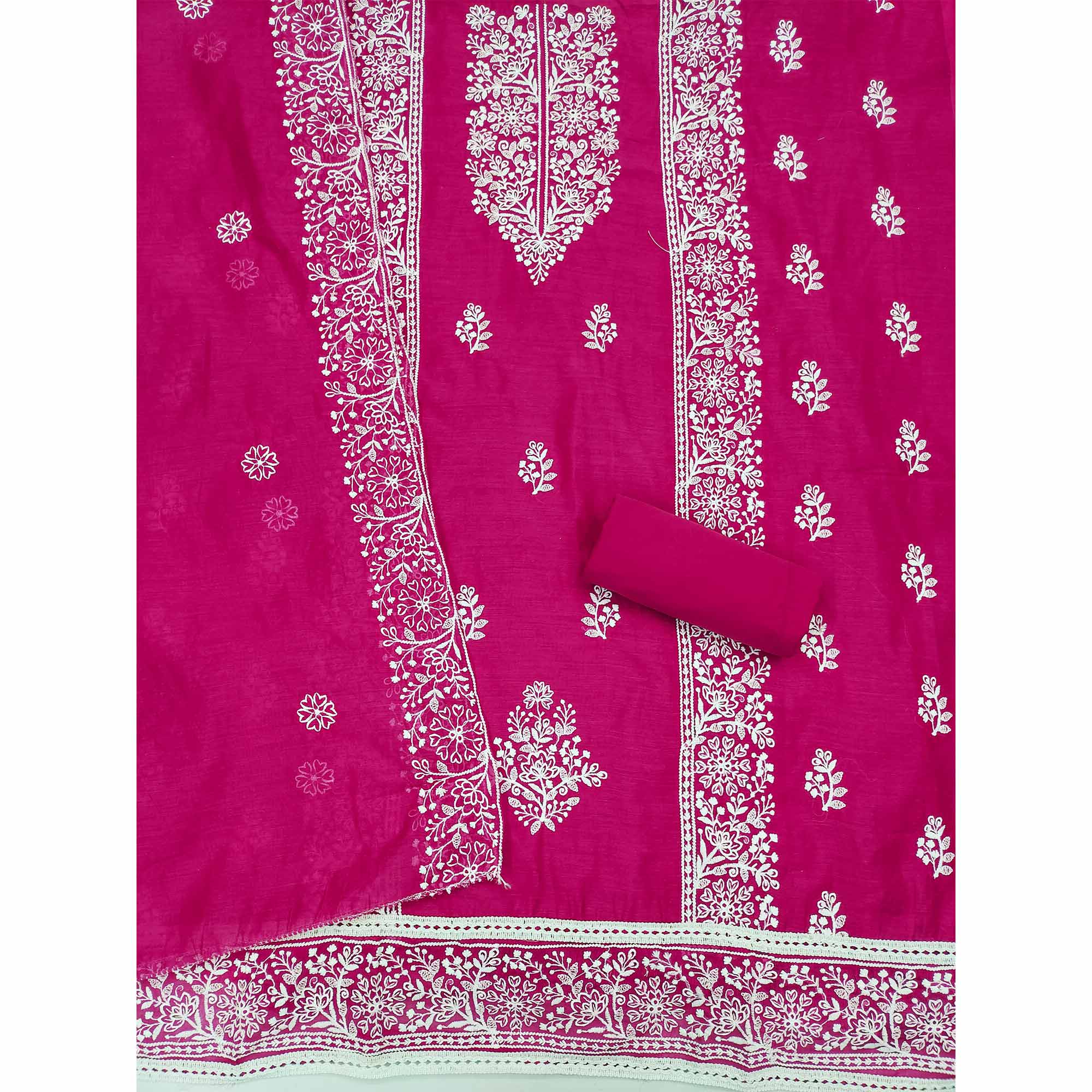 Rani Pink Floral Embroidered Chanderi Silk Dress Material For Graceful Styling