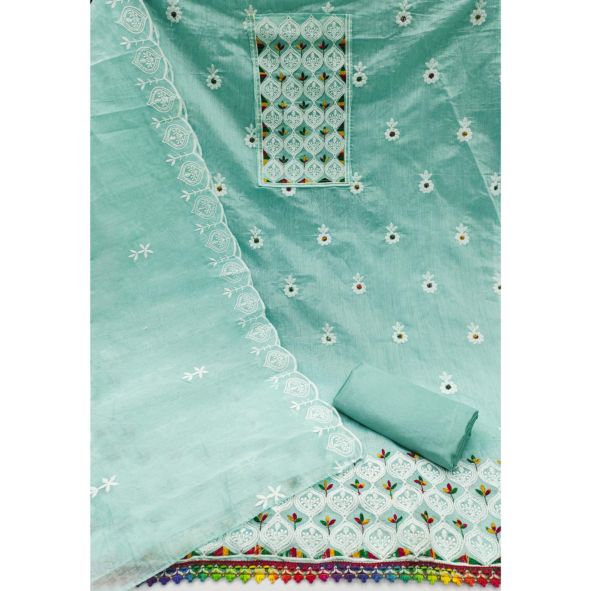Sea Green Chanderi Cotton Suit Material with Graceful Embroidery