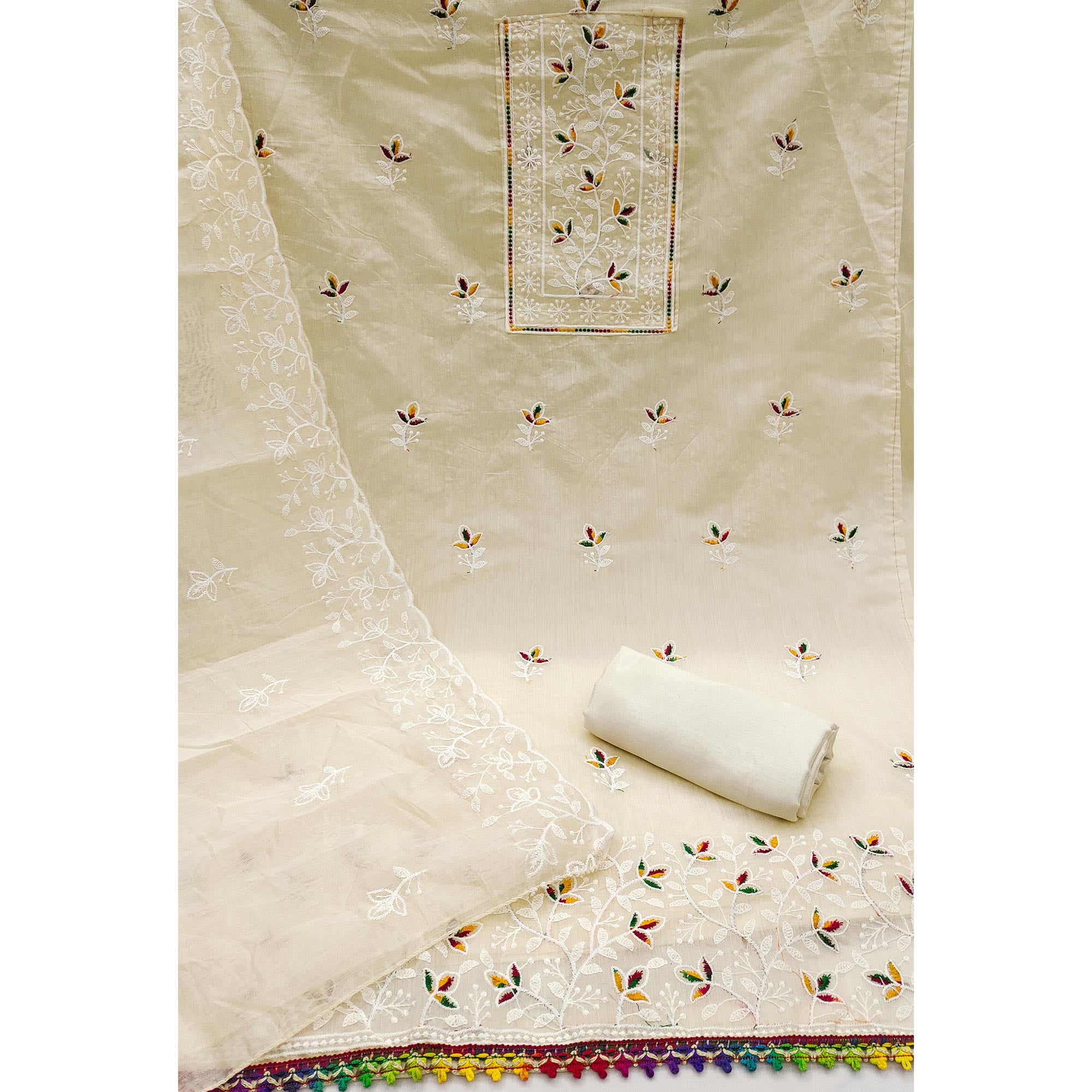 Off White Embroidered Floral Chanderi Cotton Material for Elegant Dressing