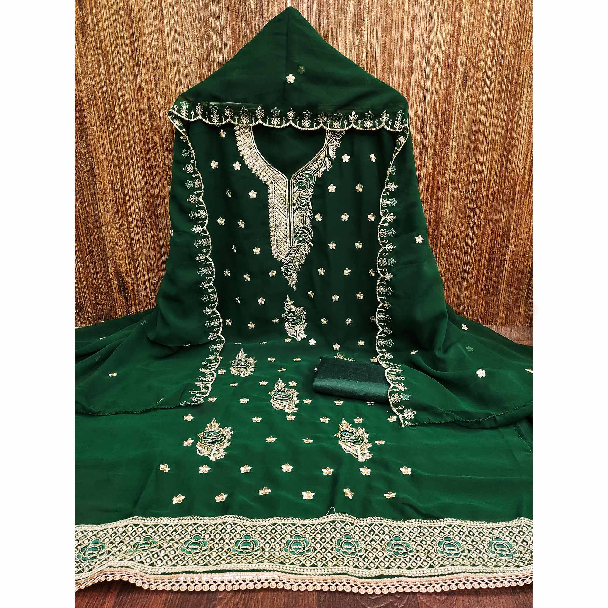Bottle Green Dress Material Featuring Delicate Floral Thread & Zari Embroidery Work On Georgette