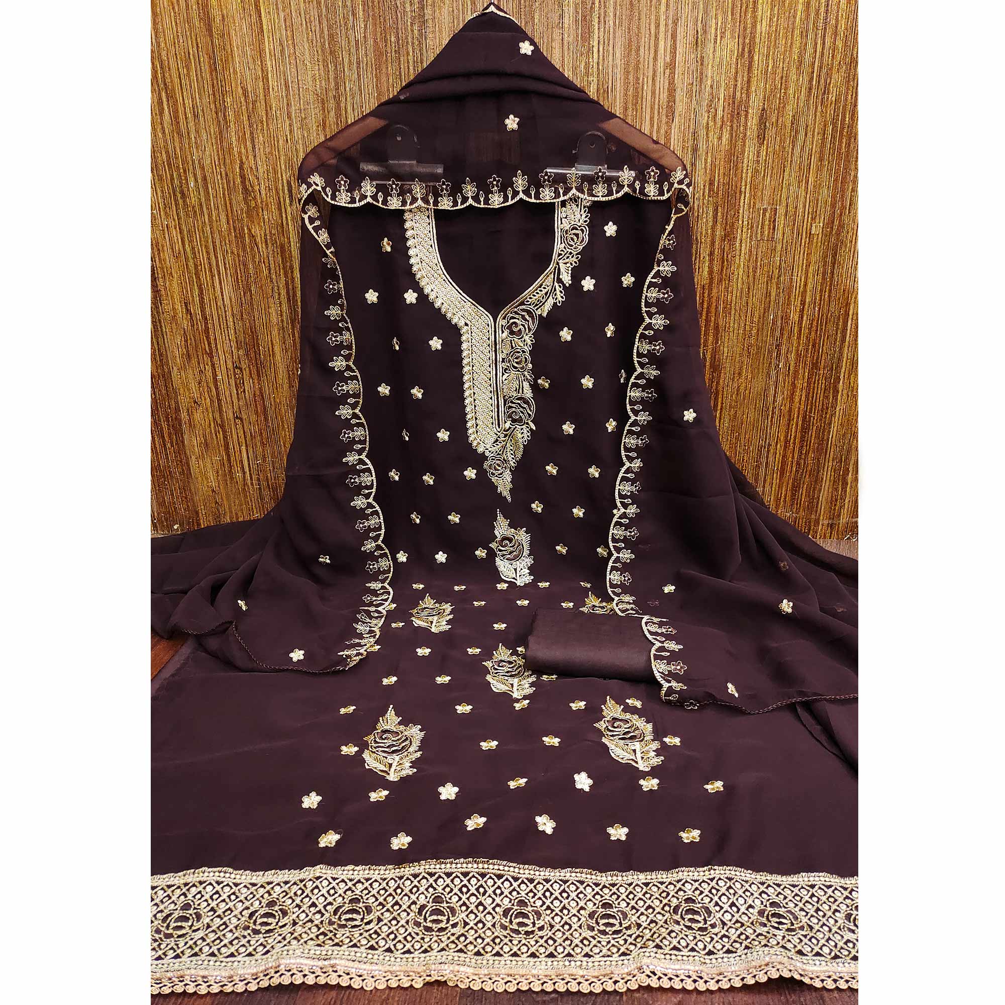 Brown Dress Material Featuring Delicate Floral Thread & Zari Embroidery Work On Georgette