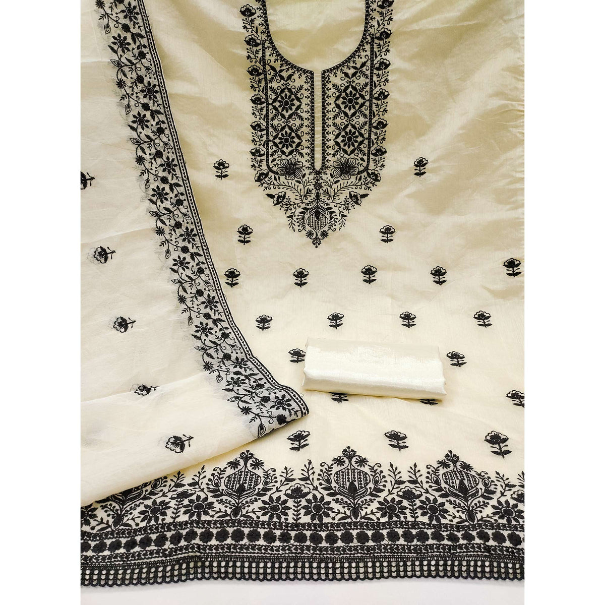 Festive Off White Floral Embroidered Salwar Suit in Sheer Chanderi Silk - Image 3