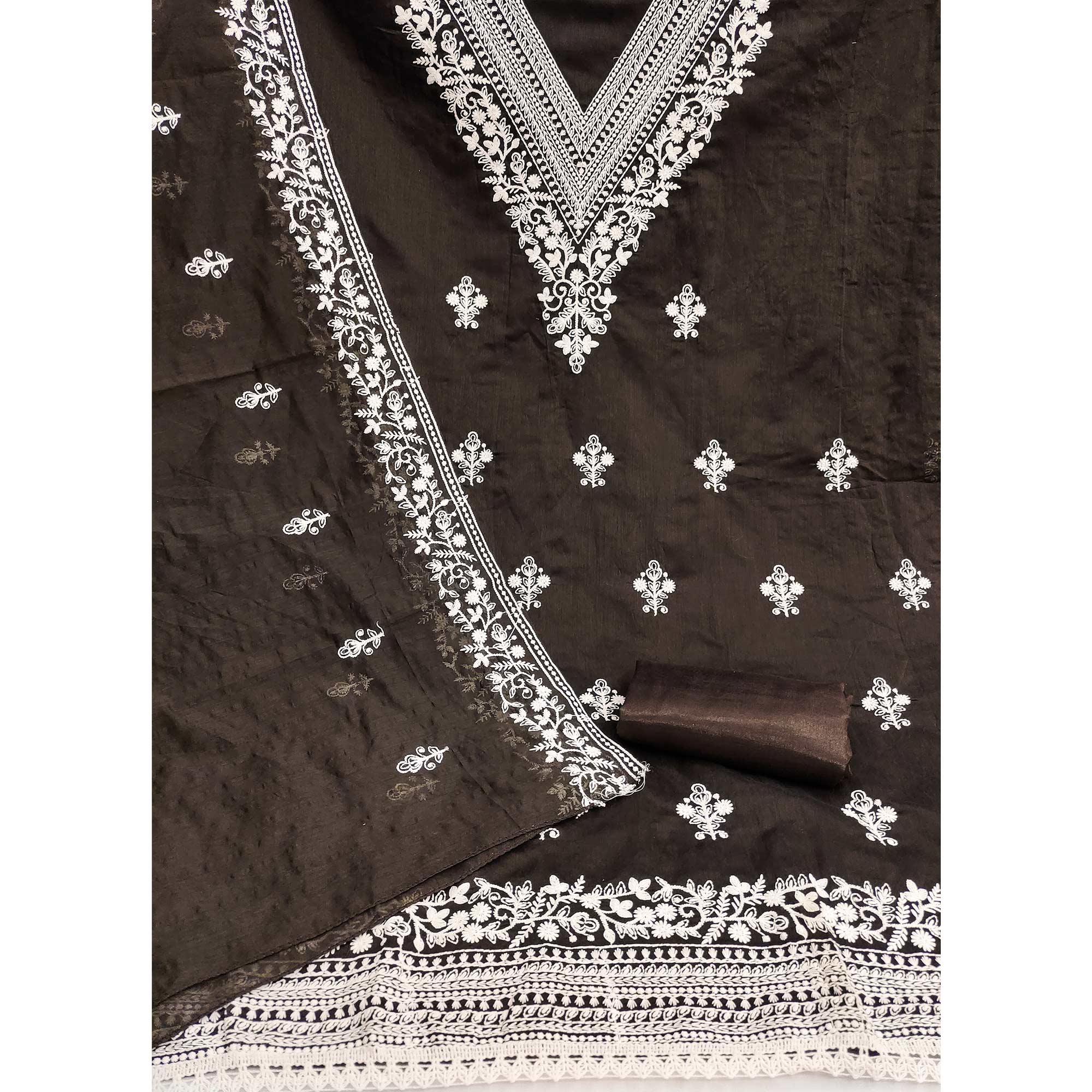 Traditional Brown Chanderi Silk Suit Fabric with Embroidered Floral Patterns