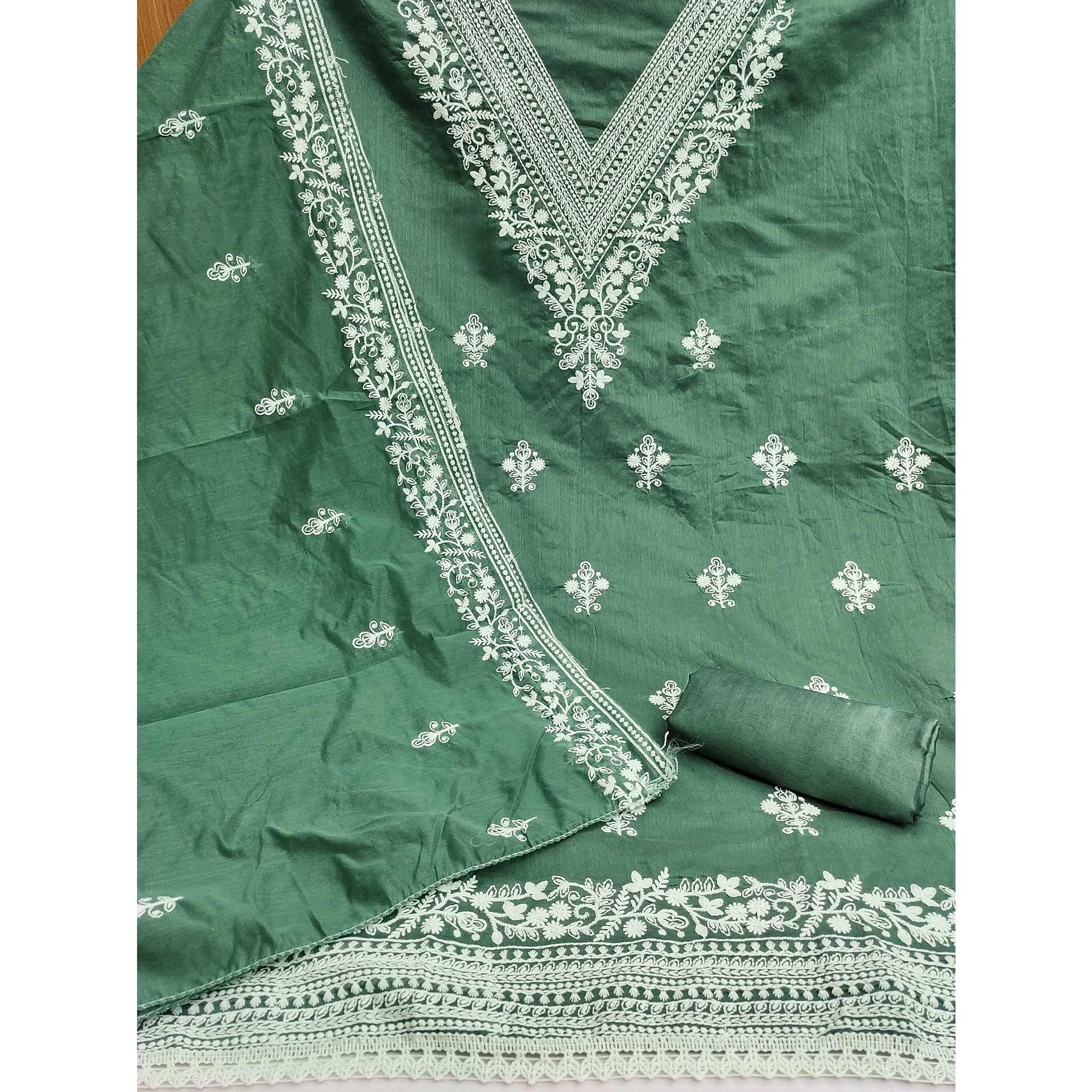 Traditional Green Chanderi Silk Suit Fabric with Embroidered Floral Patterns