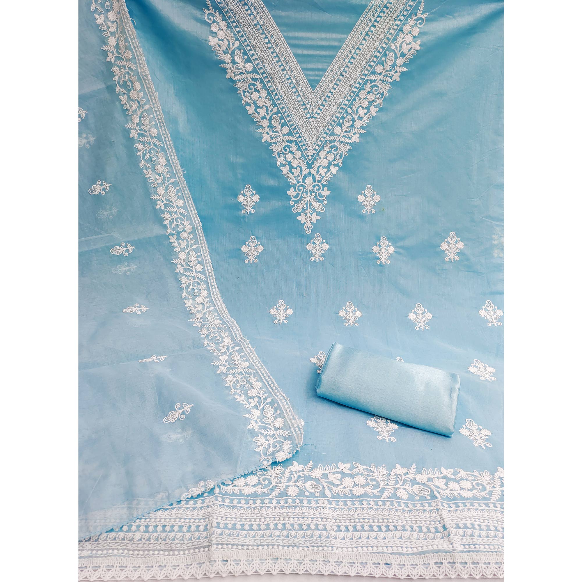 Traditional Sky Blue Chanderi Silk Suit Fabric with Embroidered Floral Patterns