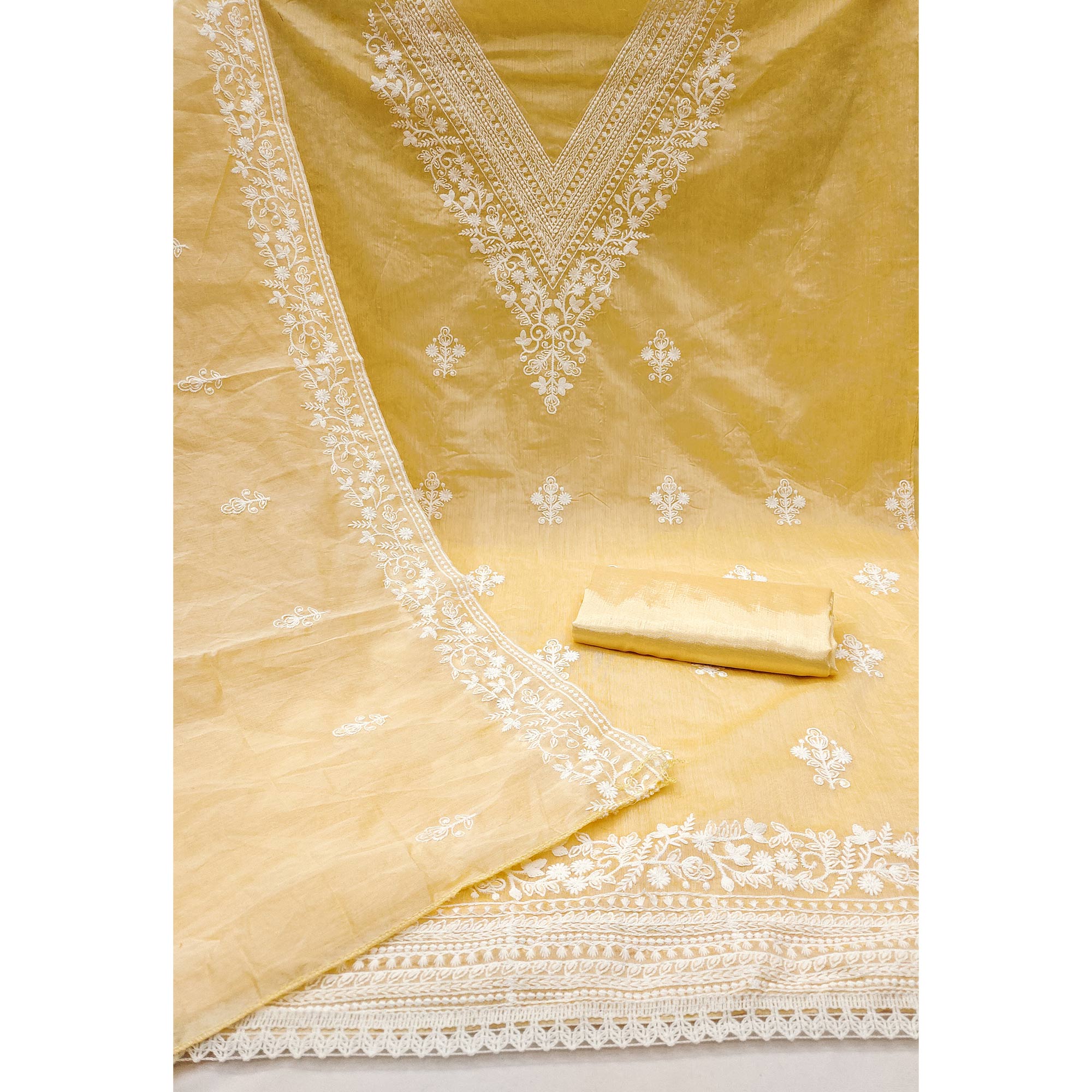 Traditional Yellow Chanderi Silk Suit Fabric with Embroidered Floral Patterns