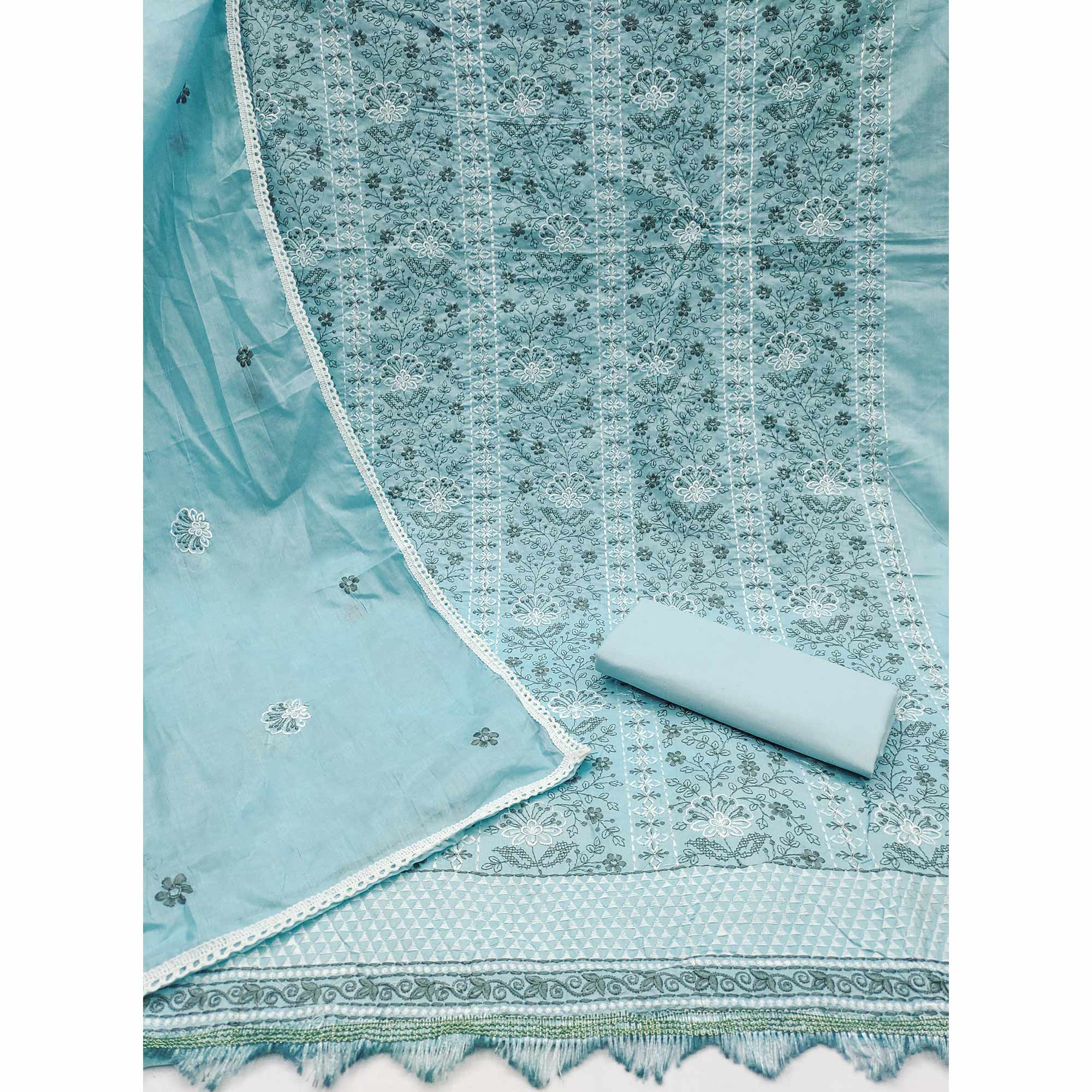 Sky Blue Floral Embroidery Cotton Fabric for Ethnic Wear and Everyday Grace