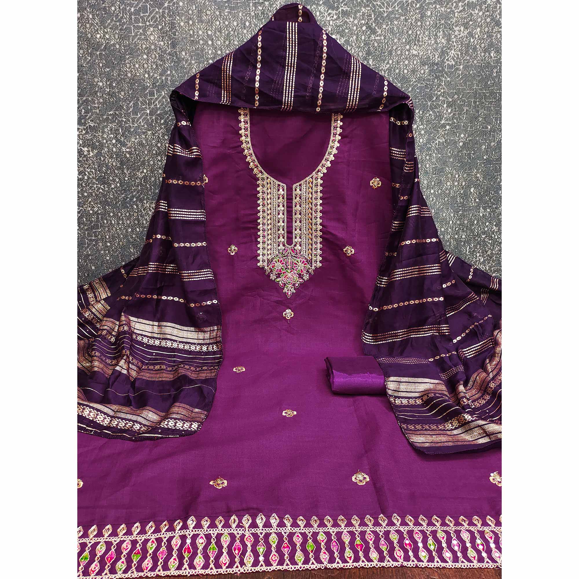 Dark Magenta Cotton Blend Dress Material Adorned With Floral Cording Embroidery & Sequins work