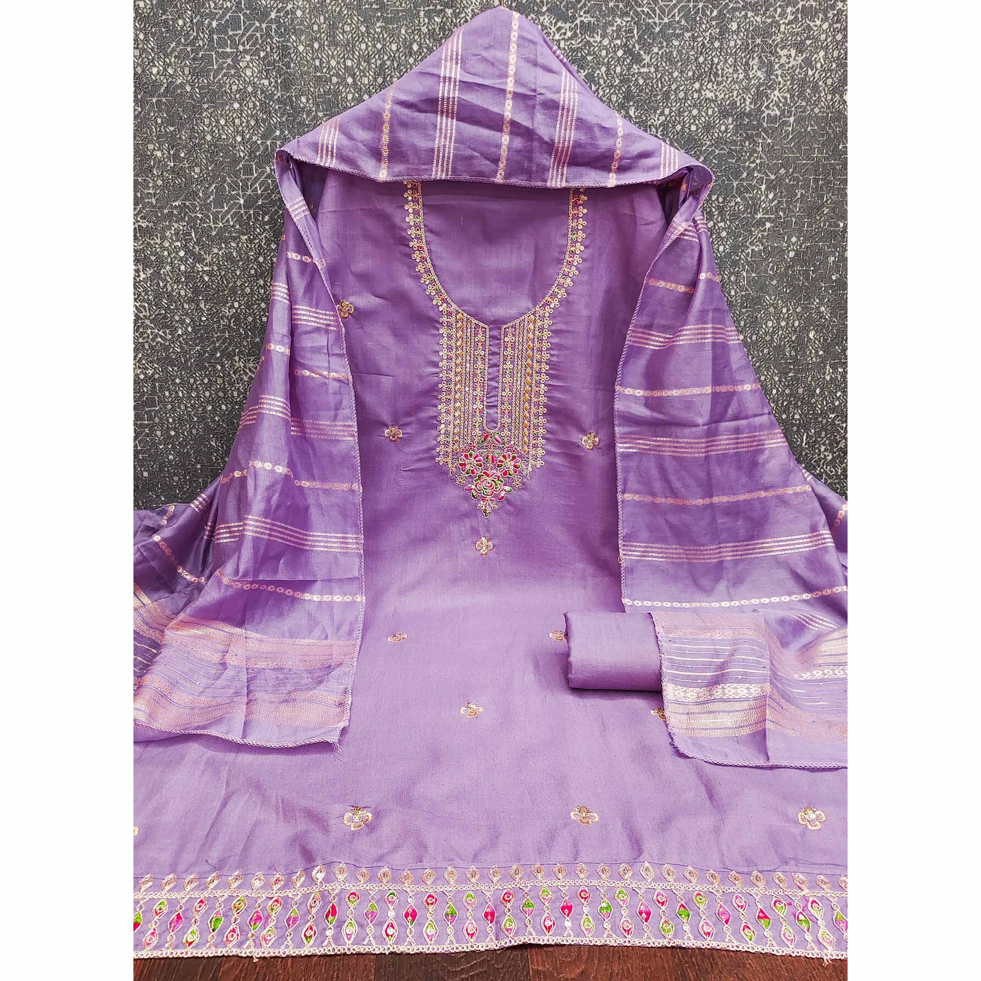 Lavender Cotton Blend Dress Material Adorned With Floral Cording Embroidery & Sequins work