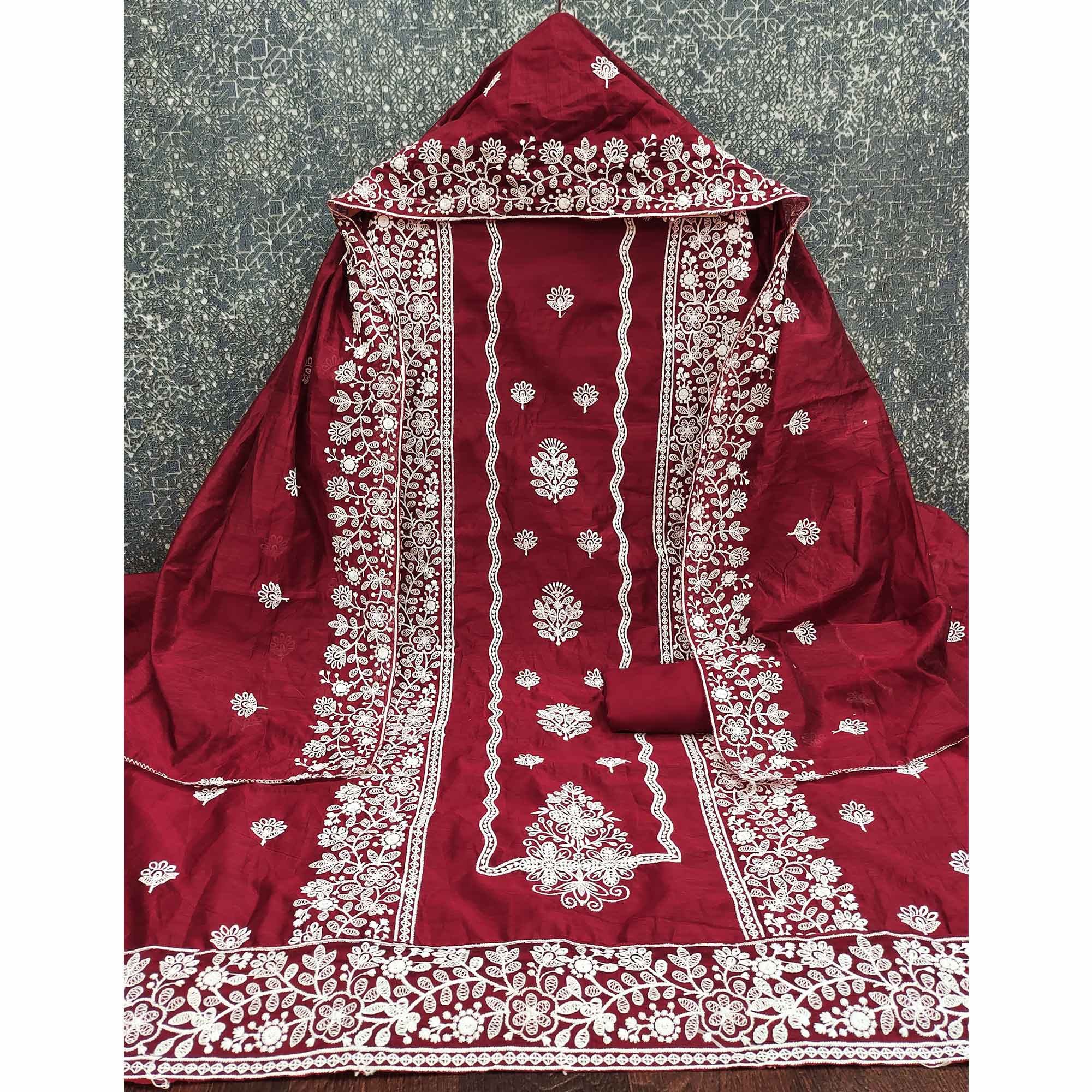 Maroon Chanderi Silk Dress Material With Exquisite Floral Thread Embroidery