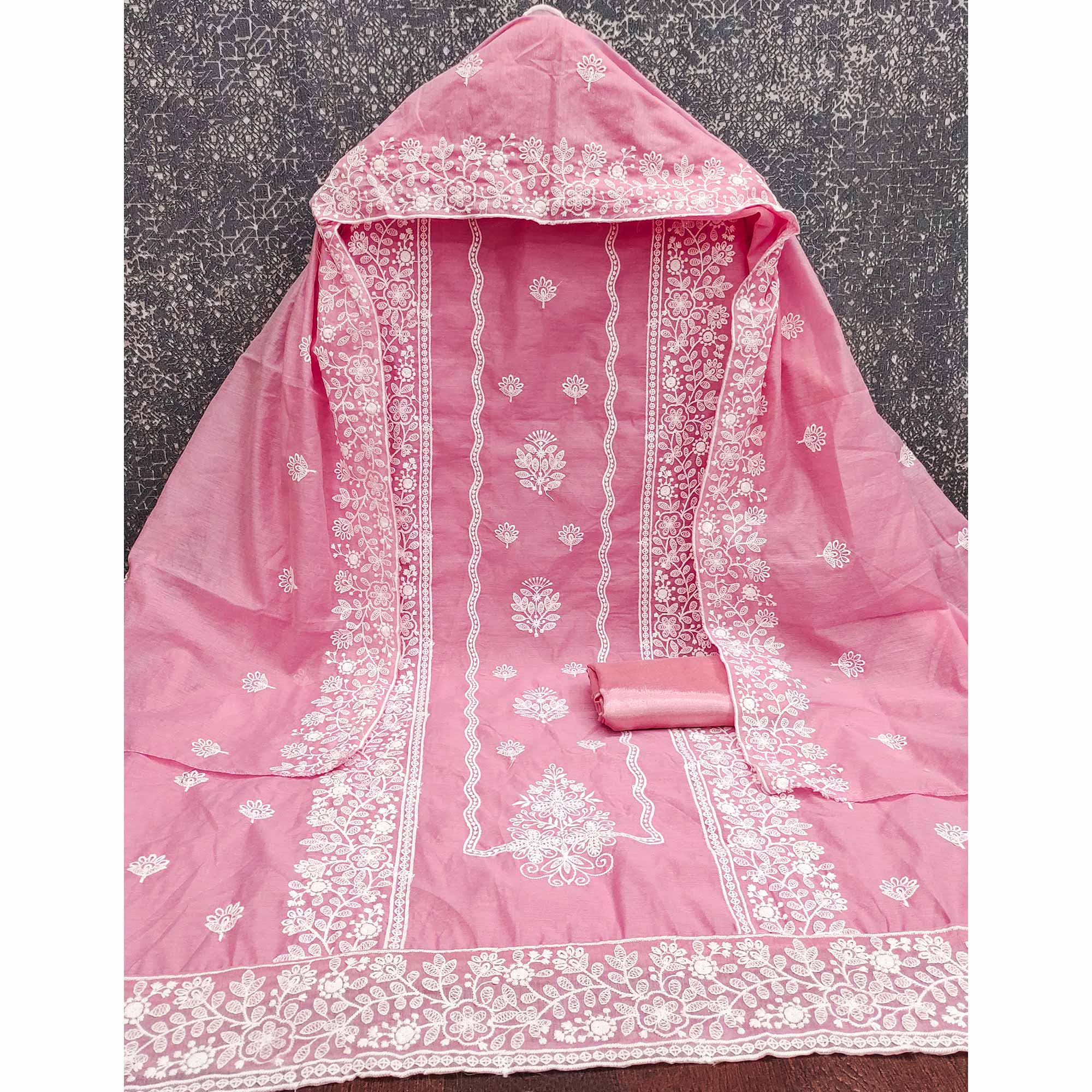 Pink Chanderi Silk Dress Material With Exquisite Floral Thread Embroidery