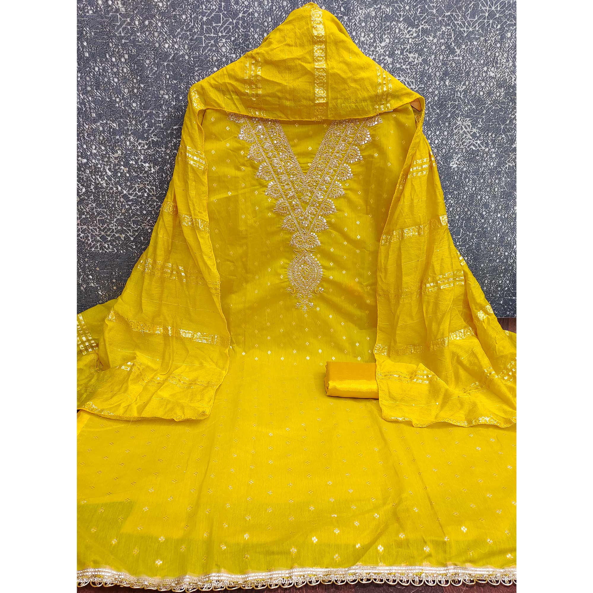 Festive Yellow Embroidered Dress Material Crafted from Rich Chanderi Silk with Zari Work