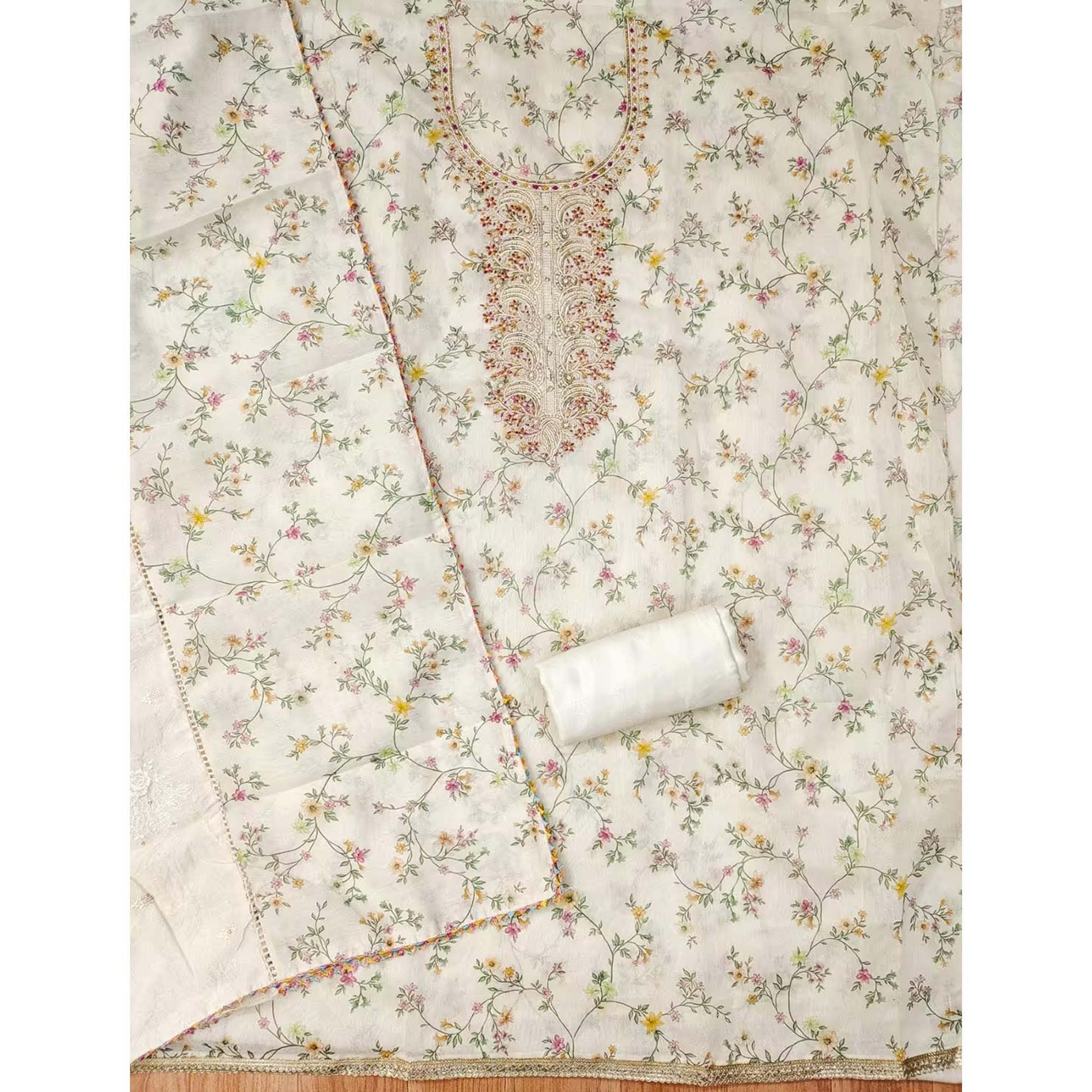 Classic Cream Floral Printed Modal Chanderi Silk Fabric Set Perfect for Festive