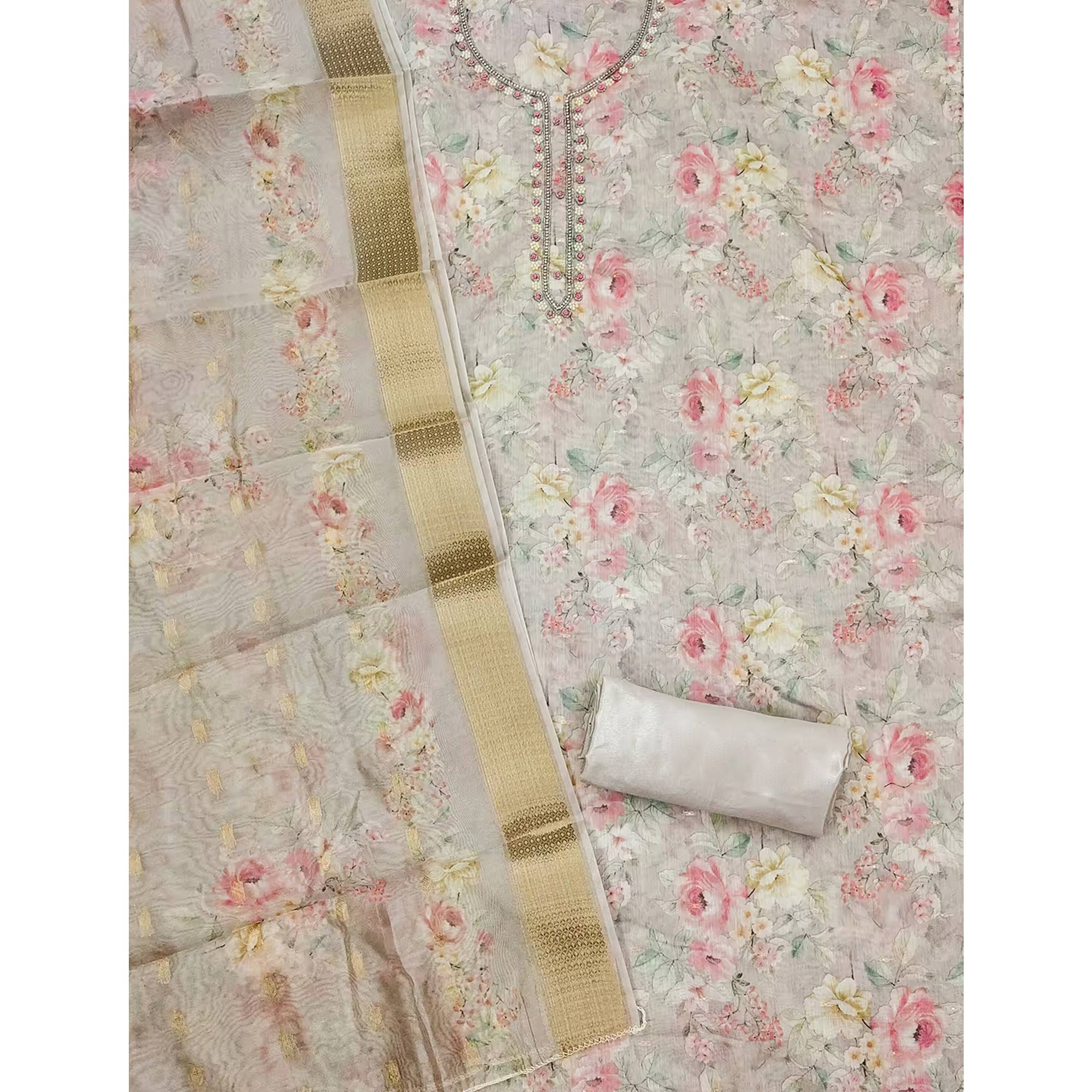 Grey Chanderi Silk Dress Material Showcasing Floral Prints with Subtle Beads Detailing