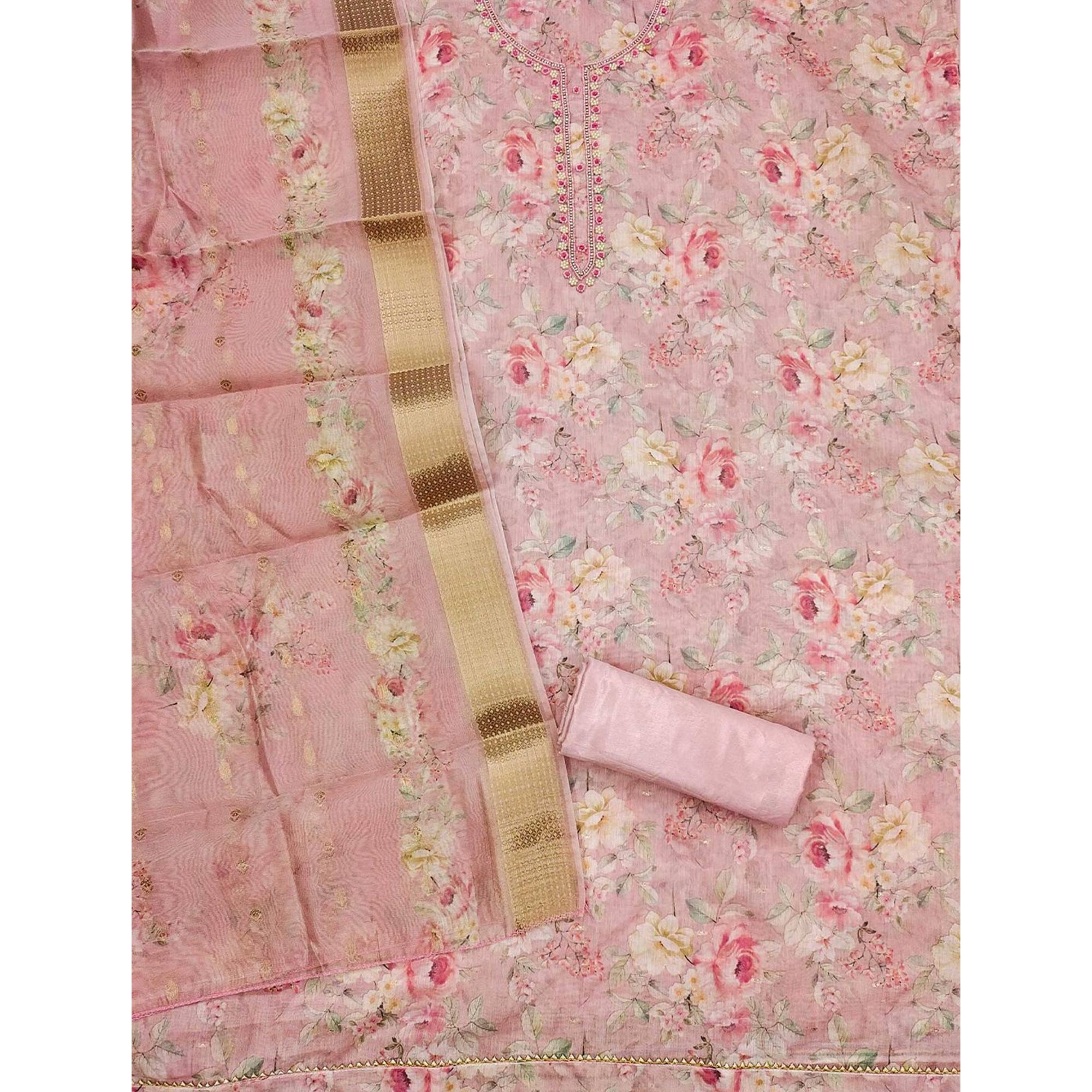 Pink Chanderi Silk Dress Material Showcasing Floral Prints with Subtle Beads Detailing