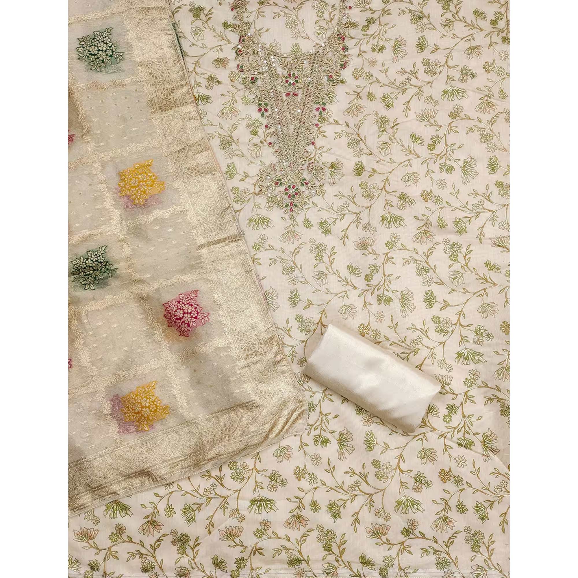 Cream & Green Floral Printed Chanderi Silk Dress Material Adorned with Fine Embroidered Work
