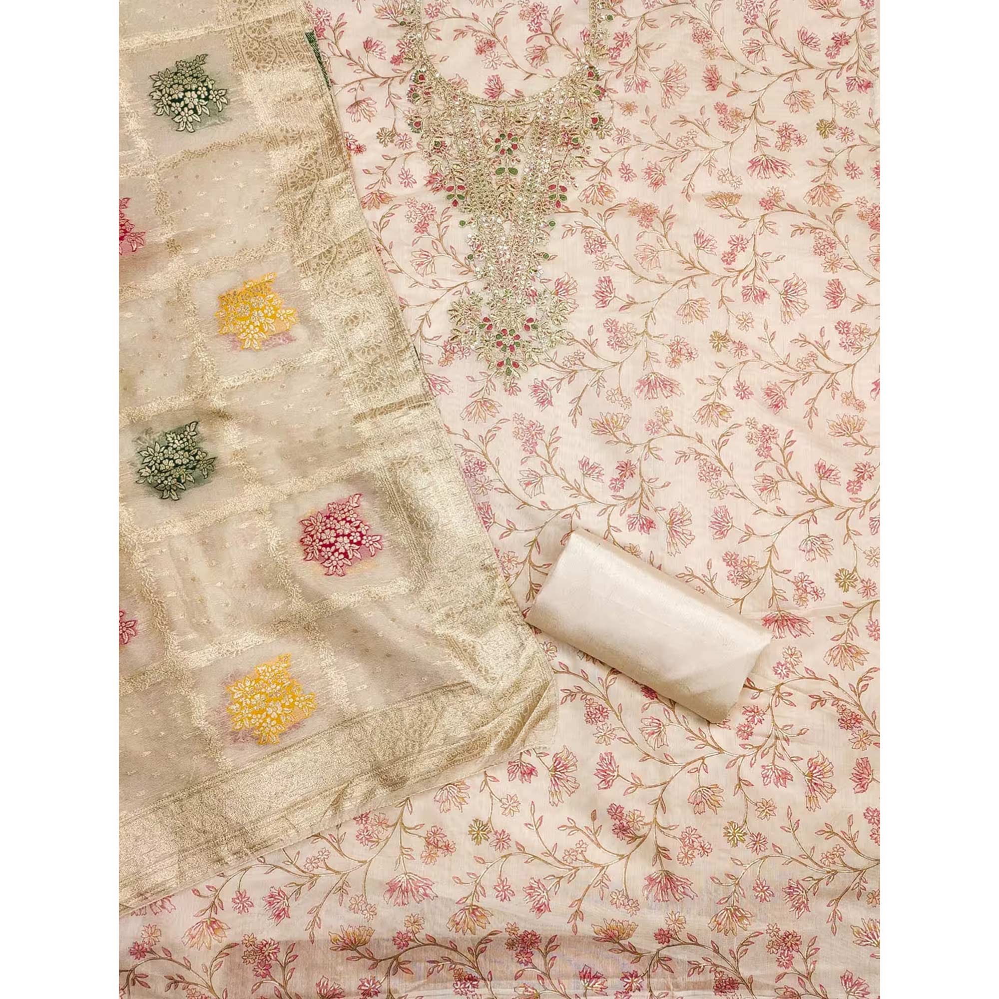 Cream & Pink Floral Printed Chanderi Silk Dress Material Adorned with Fine Embroidered Work