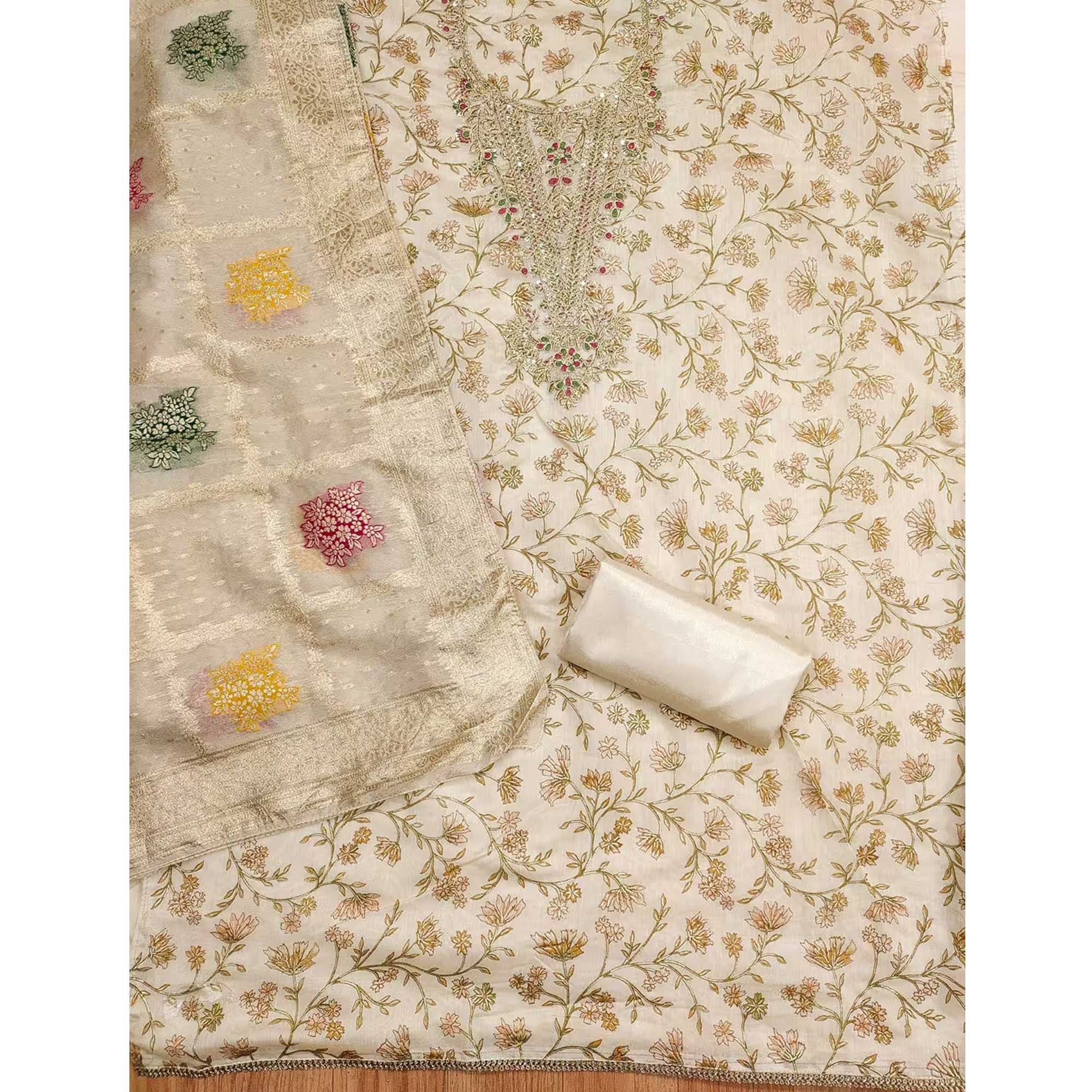 Cream & Mustard Floral Printed Chanderi Silk Dress Material Adorned with Fine Embroidered Work