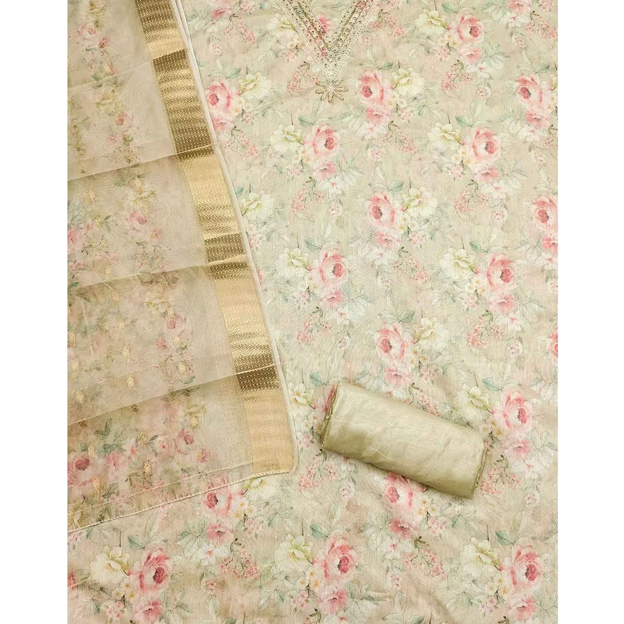 Charming Chikoo Floral Digital Printed Chanderi Silk Dress Material Adorned With Moti Khatli Work