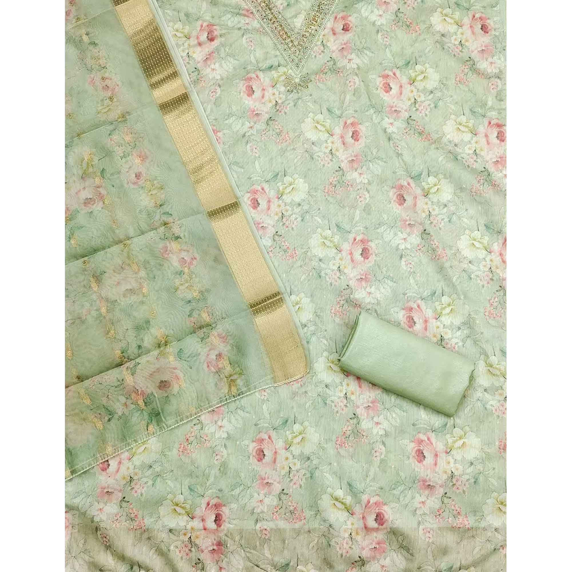 Charming Green Floral Digital Printed Chanderi Silk Dress Material Adorned With Moti Khatli Work