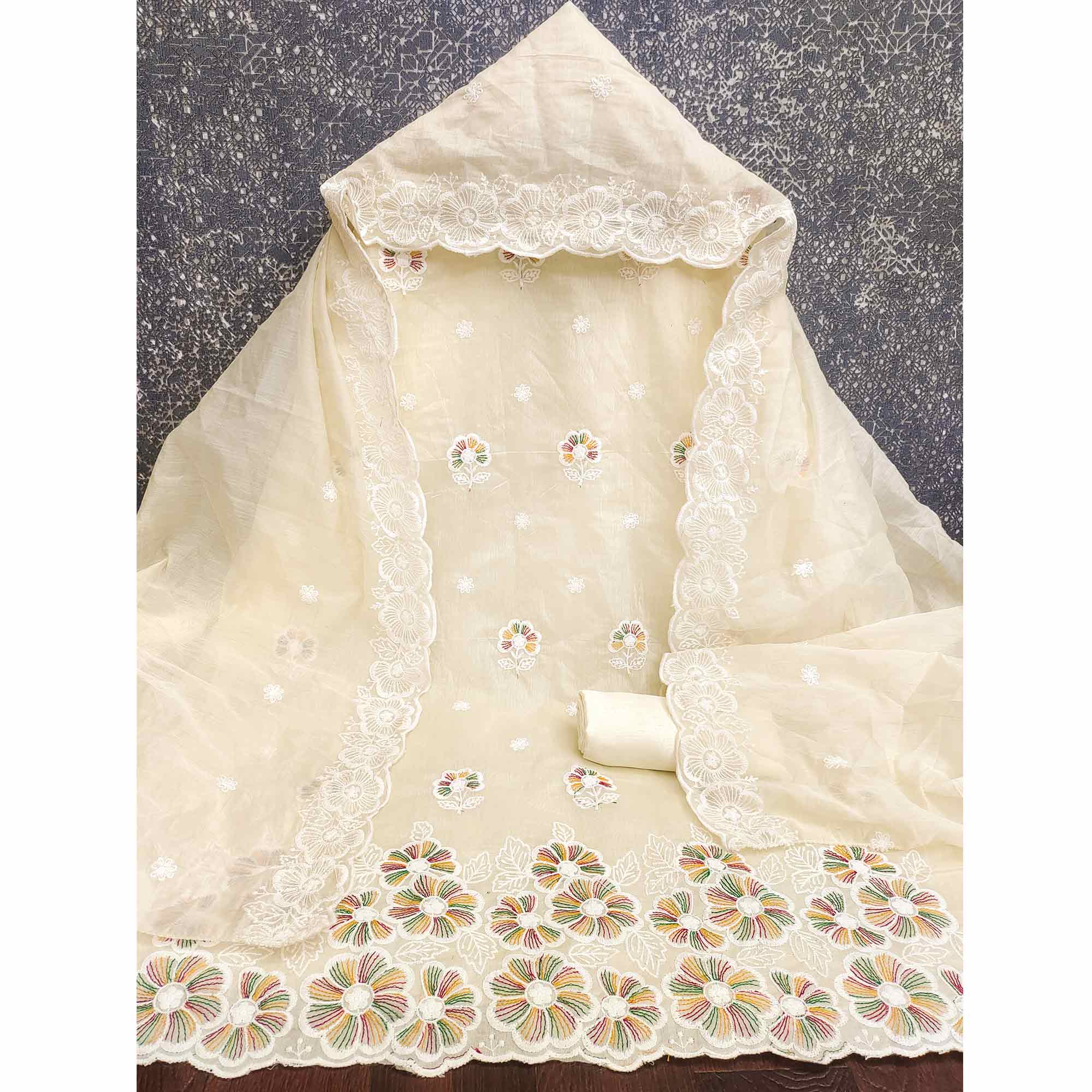 Elegant Cream Floral Thread Embroidered Chanderi Silk Dress Material