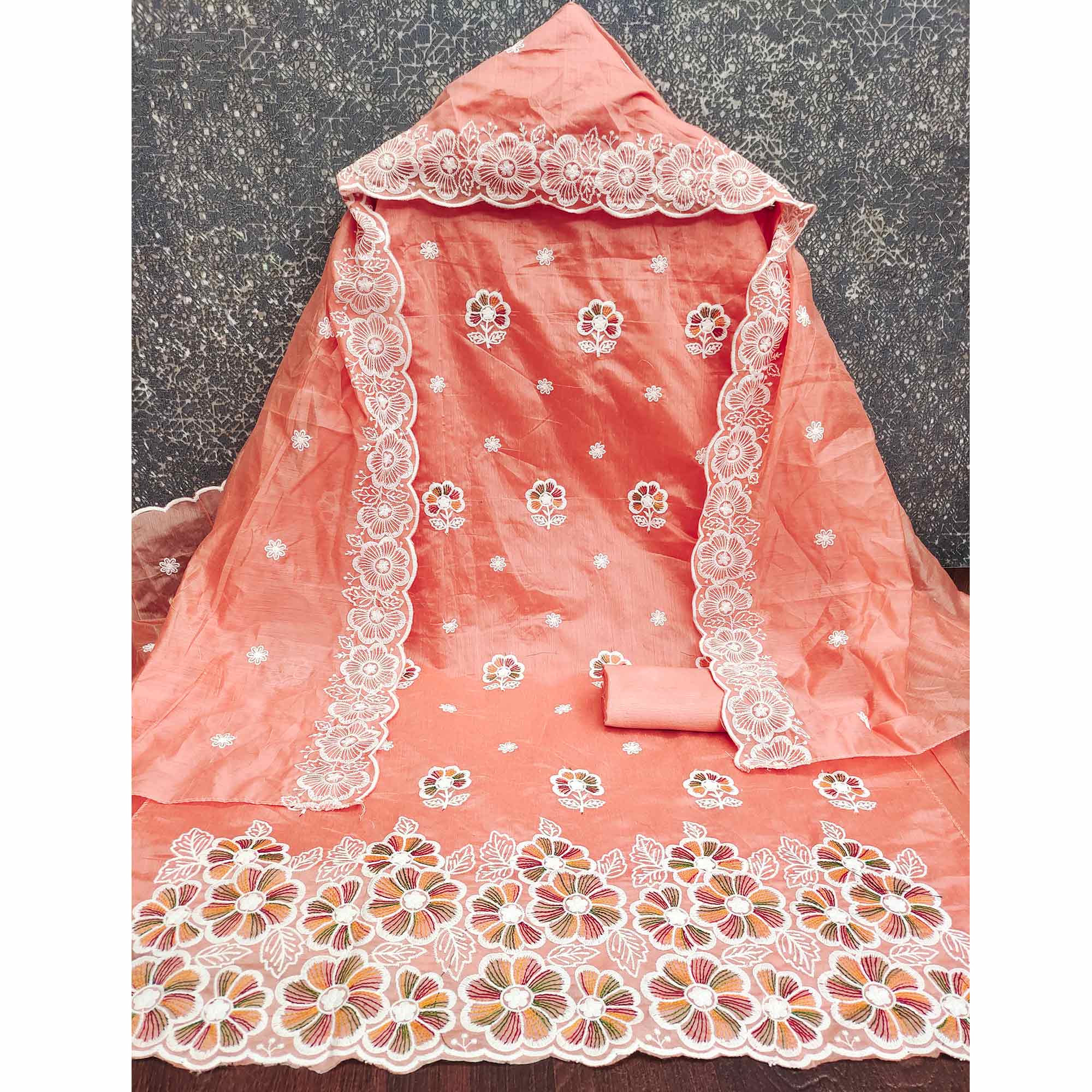 Elegant Peach Floral Thread Embroidered Chanderi Silk Dress Material