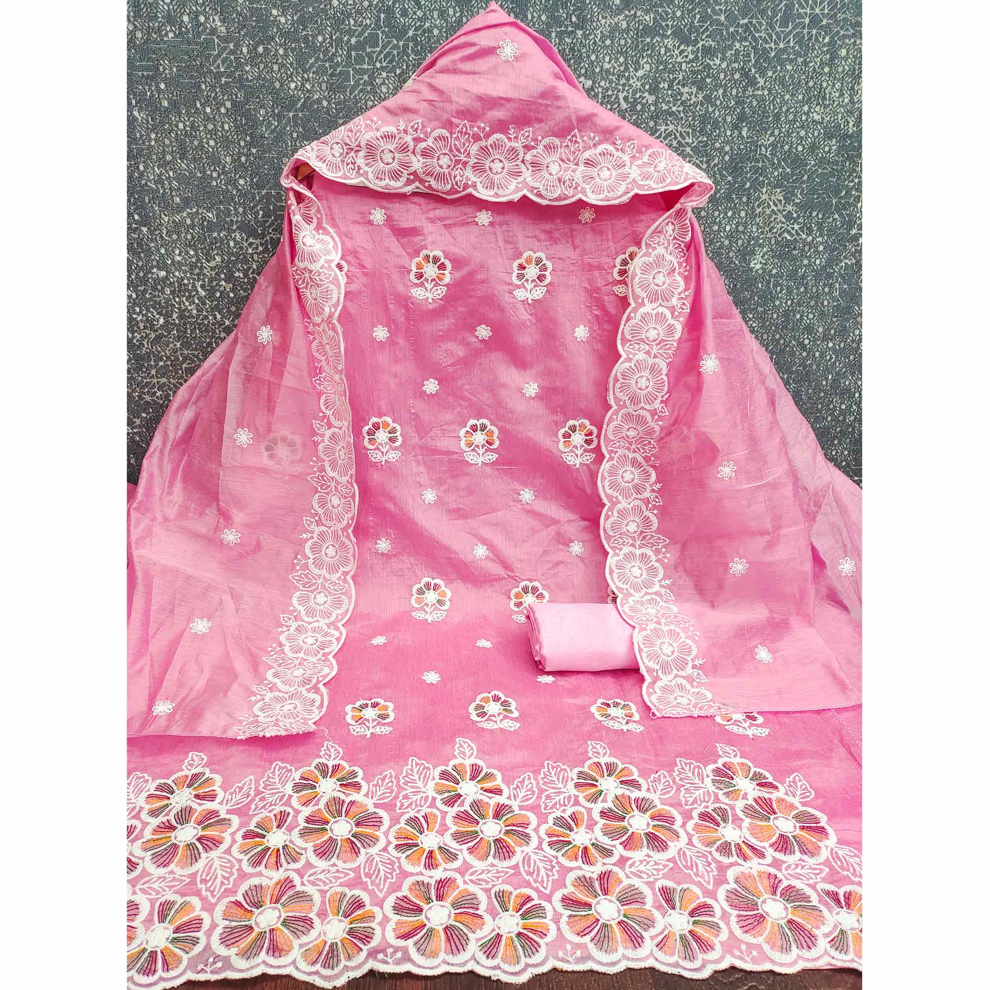 Elegant Pink Floral Thread Embroidered Chanderi Silk Dress Material