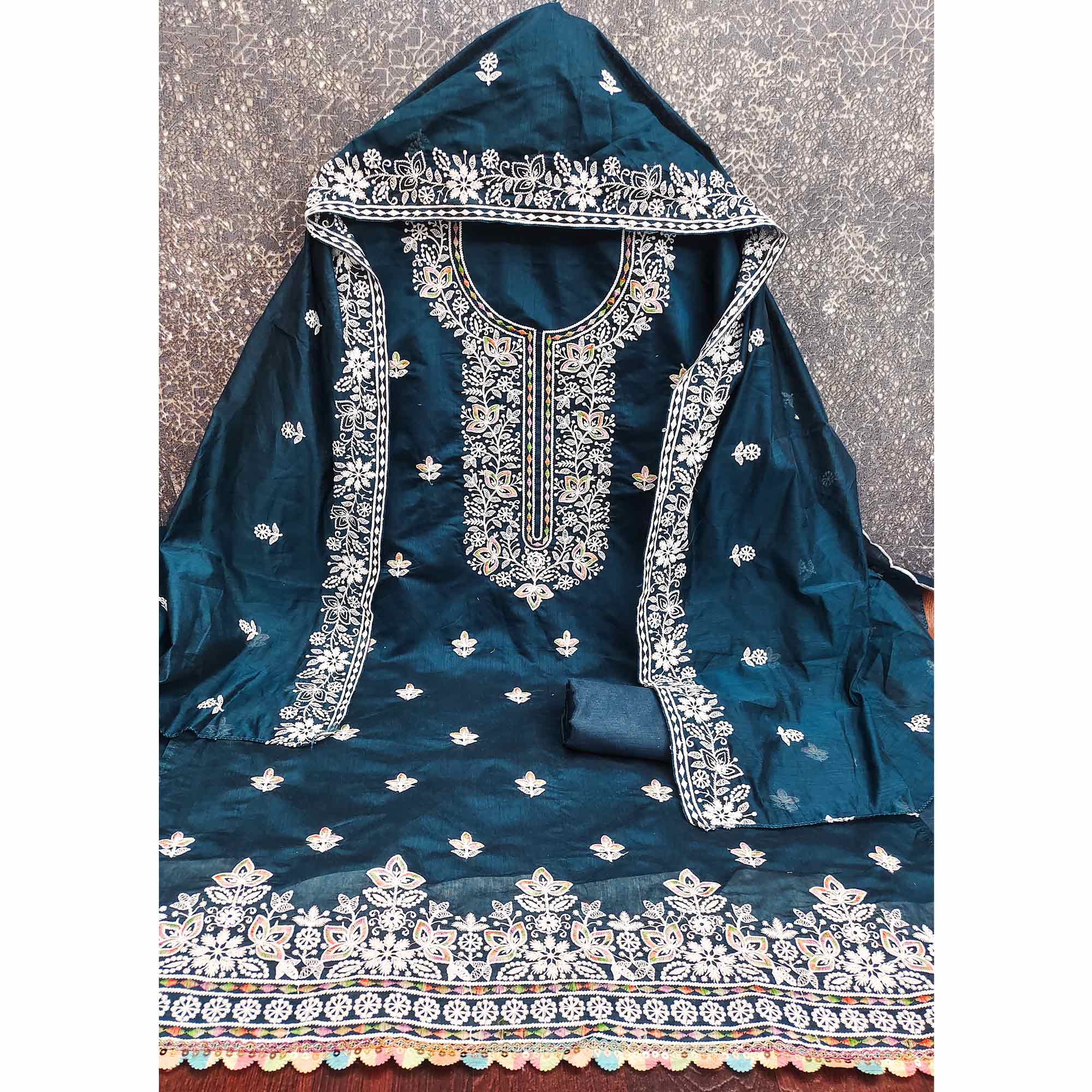 Graceful Blue Floral Thread Embroidery Chanderi Silk Designer Dress Material