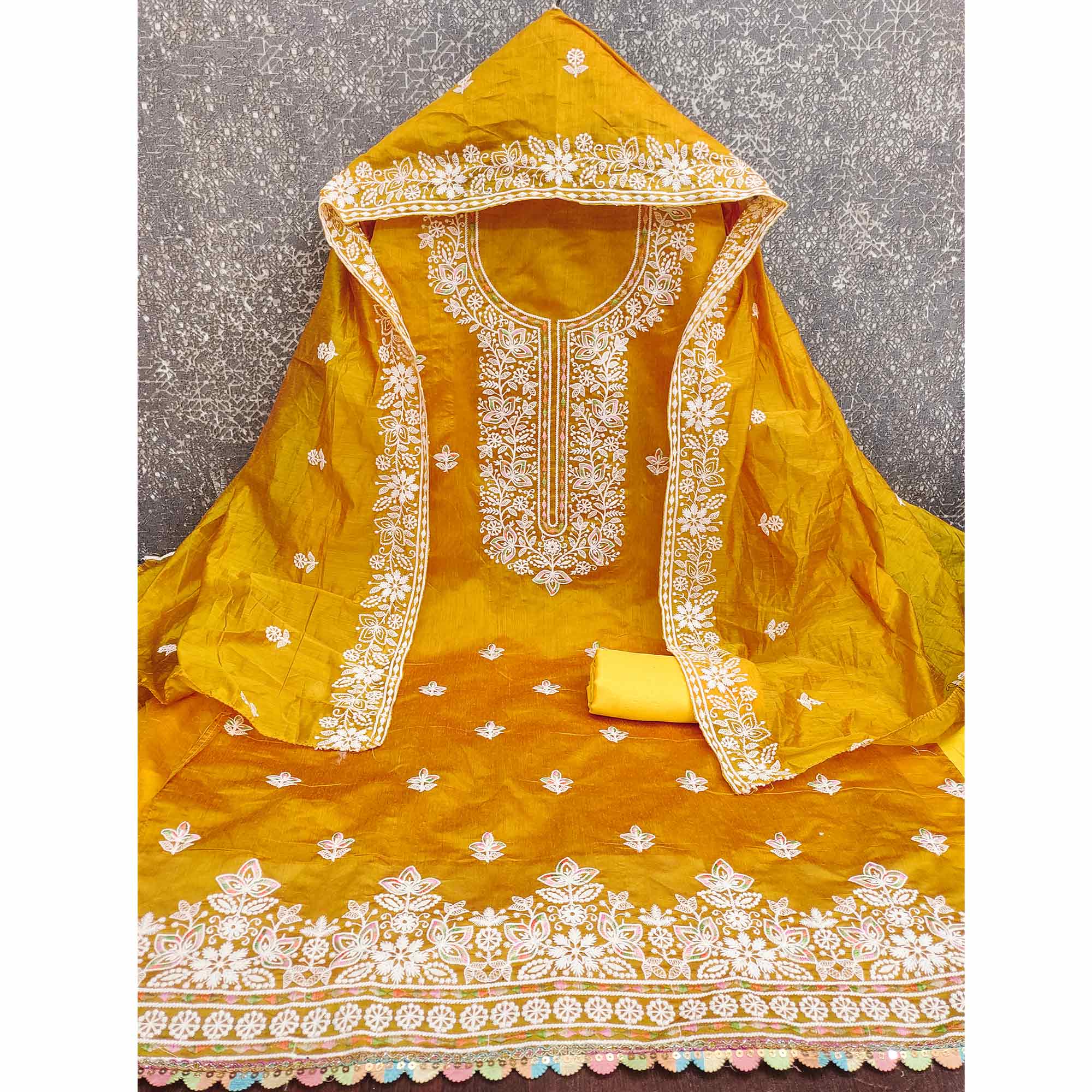 Graceful Mustard Floral Thread Embroidery Chanderi Silk Designer Dress Material