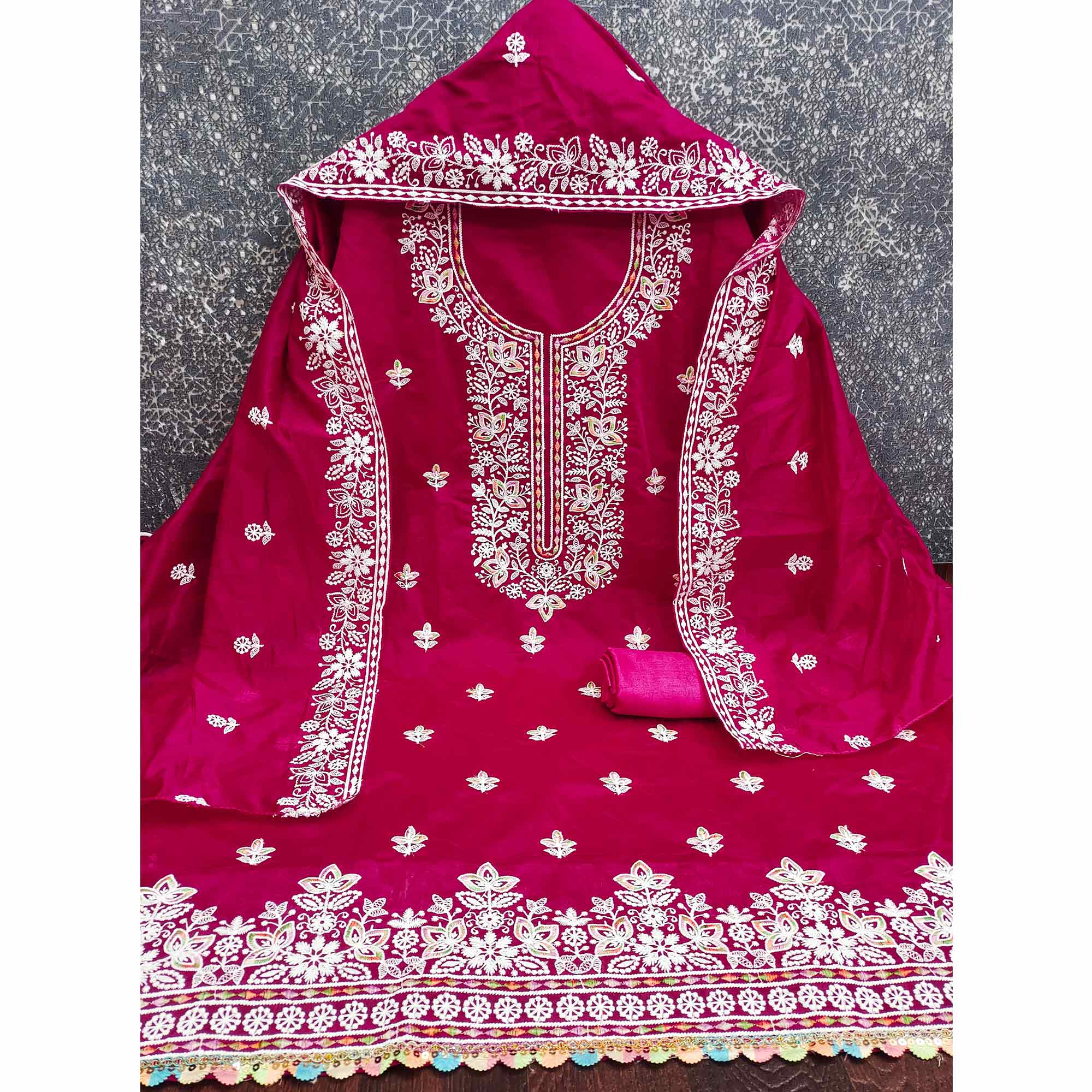 Graceful Rani Pink Floral Thread Embroidery Chanderi Silk Designer Dress Material
